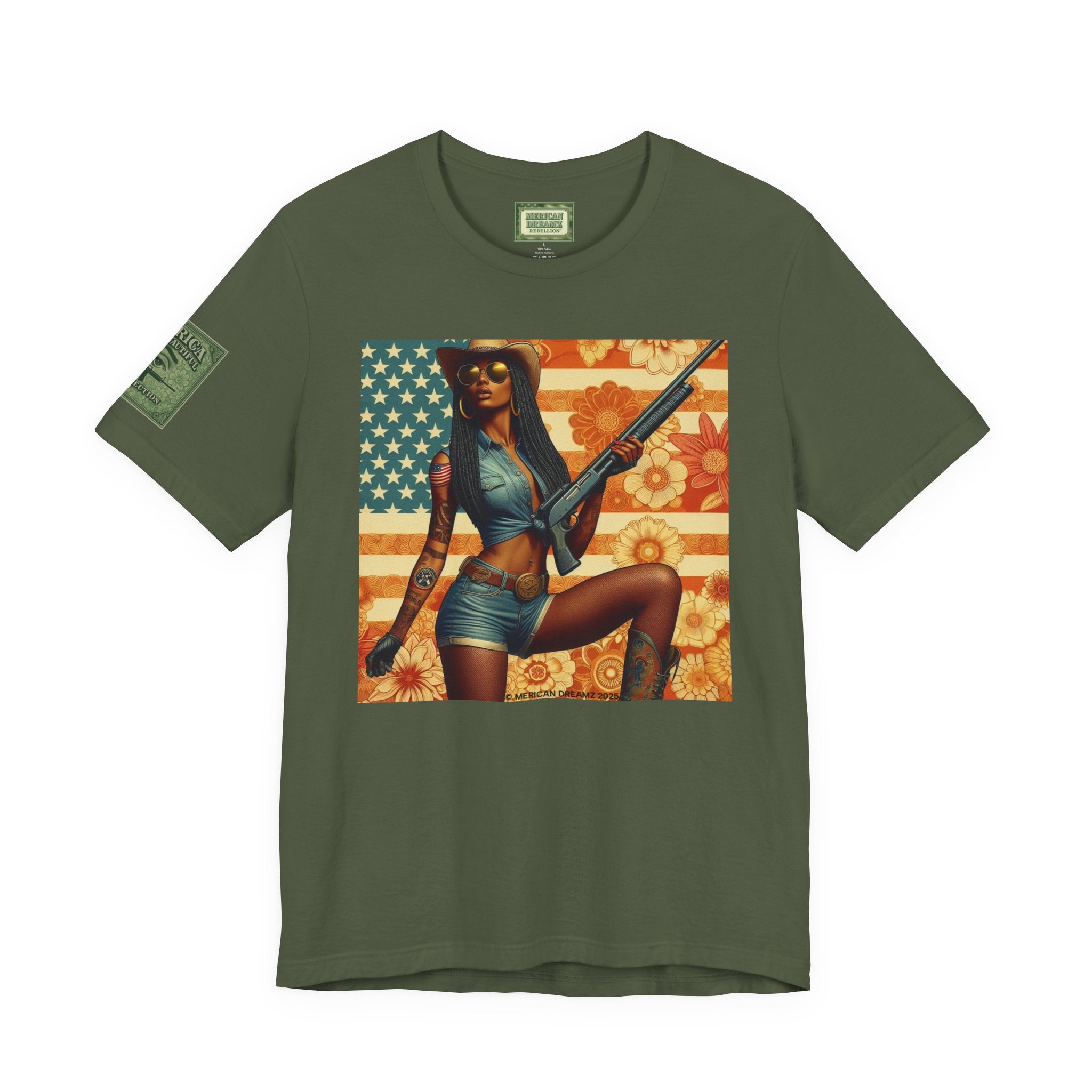 Graphic Short Sleeve Tee front and back — Retro Americana Pin-Up Cowgirls with 12 Gauge Shotguns