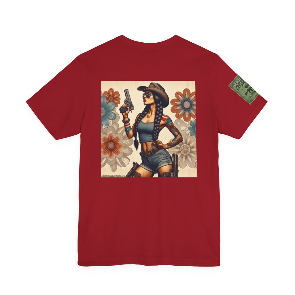 Graphic Short Sleeve Tee front and back — Retro Americana Pin-Up Cowgirls with 9mm Pistols