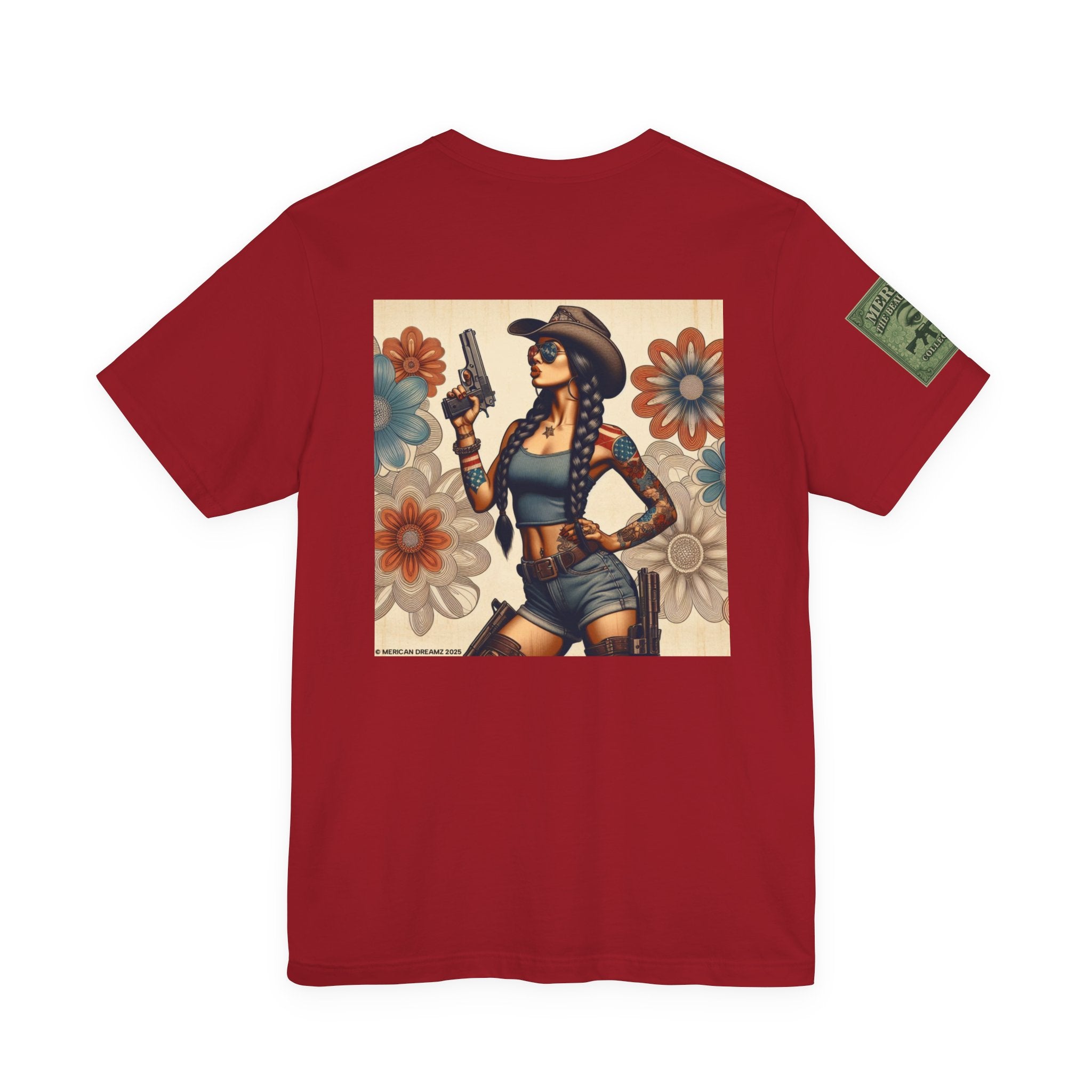 Graphic Short Sleeve Tee front and back — Retro Americana Pin-Up Cowgirls with 9mm Pistols