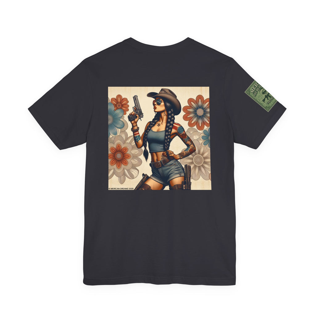 Graphic Short Sleeve Tee front and back — Retro Americana Pin-Up Cowgirls with 9mm Pistols