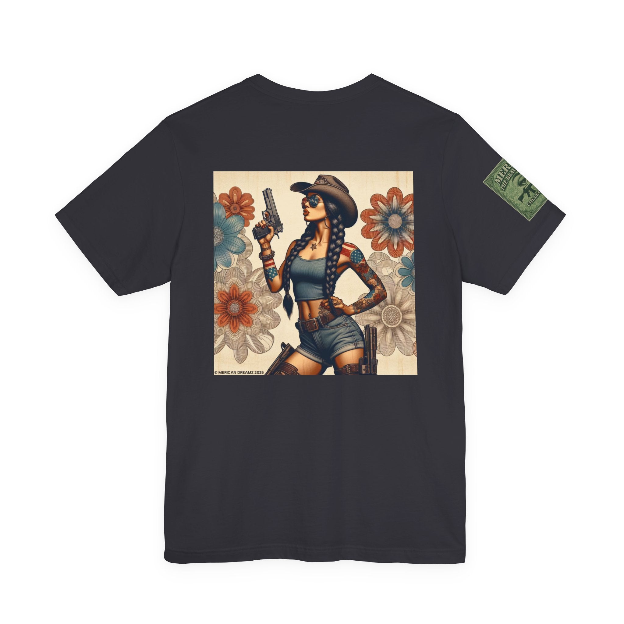 Graphic Short Sleeve Tee front and back — Retro Americana Pin-Up Cowgirls with 9mm Pistols