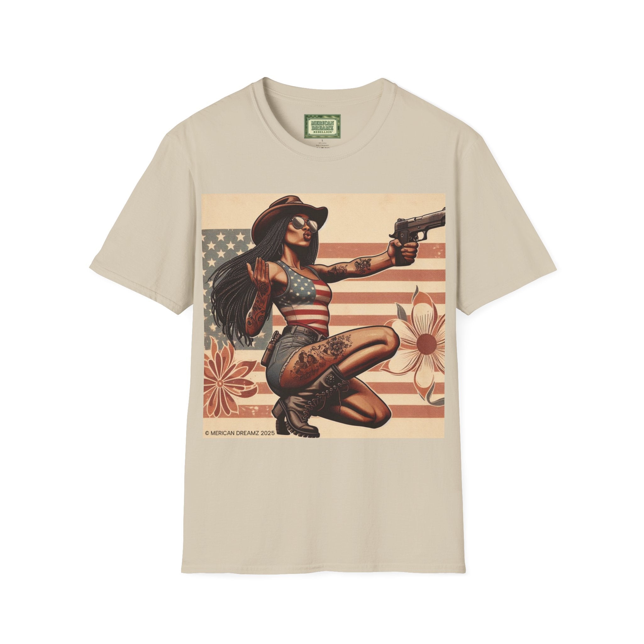 Pin-Up Americana T-Shirt — Retro Floral Gun Cowgirl Vintage Style (US Only)