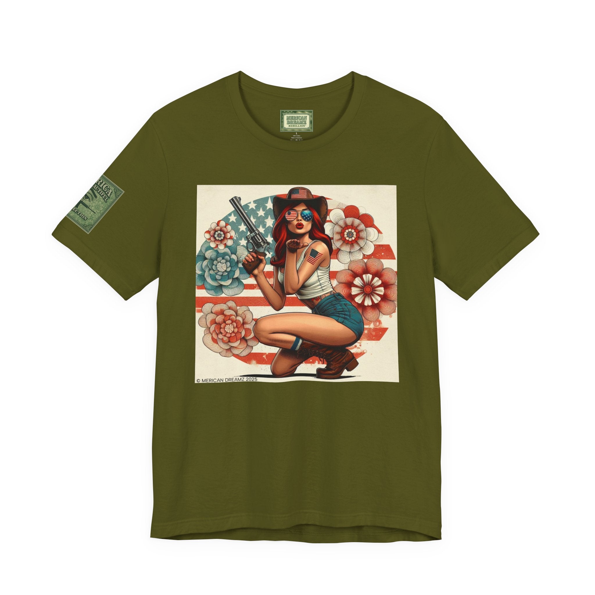 Graphic Short Sleeve Tee front and back — Retro Americana Pin-Up Cowgirls with .44 Magnum Revolvers