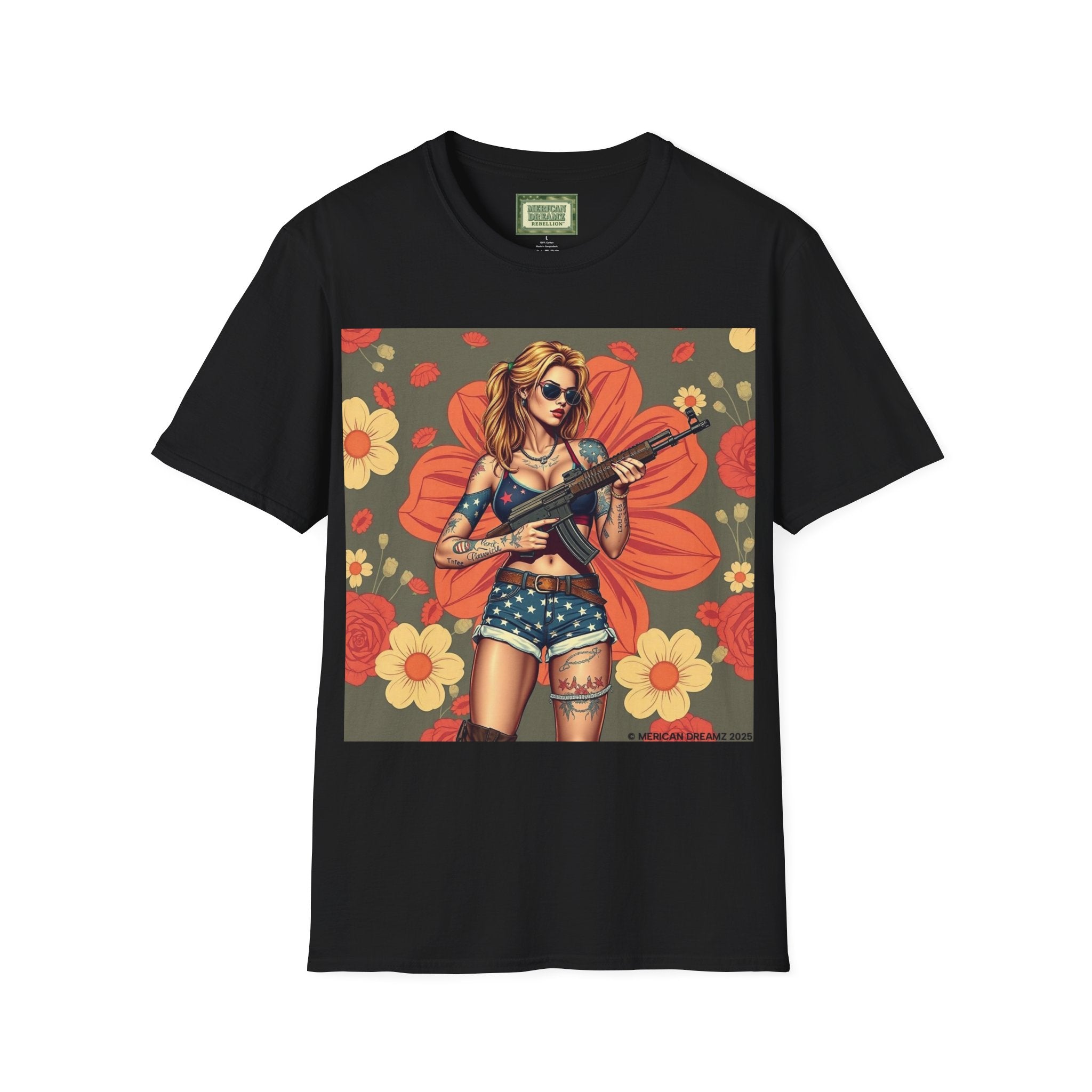 Graphic T-Shirt — Patriotic Pinup Girl with Rifle Vintage Flag Design (US Only)
