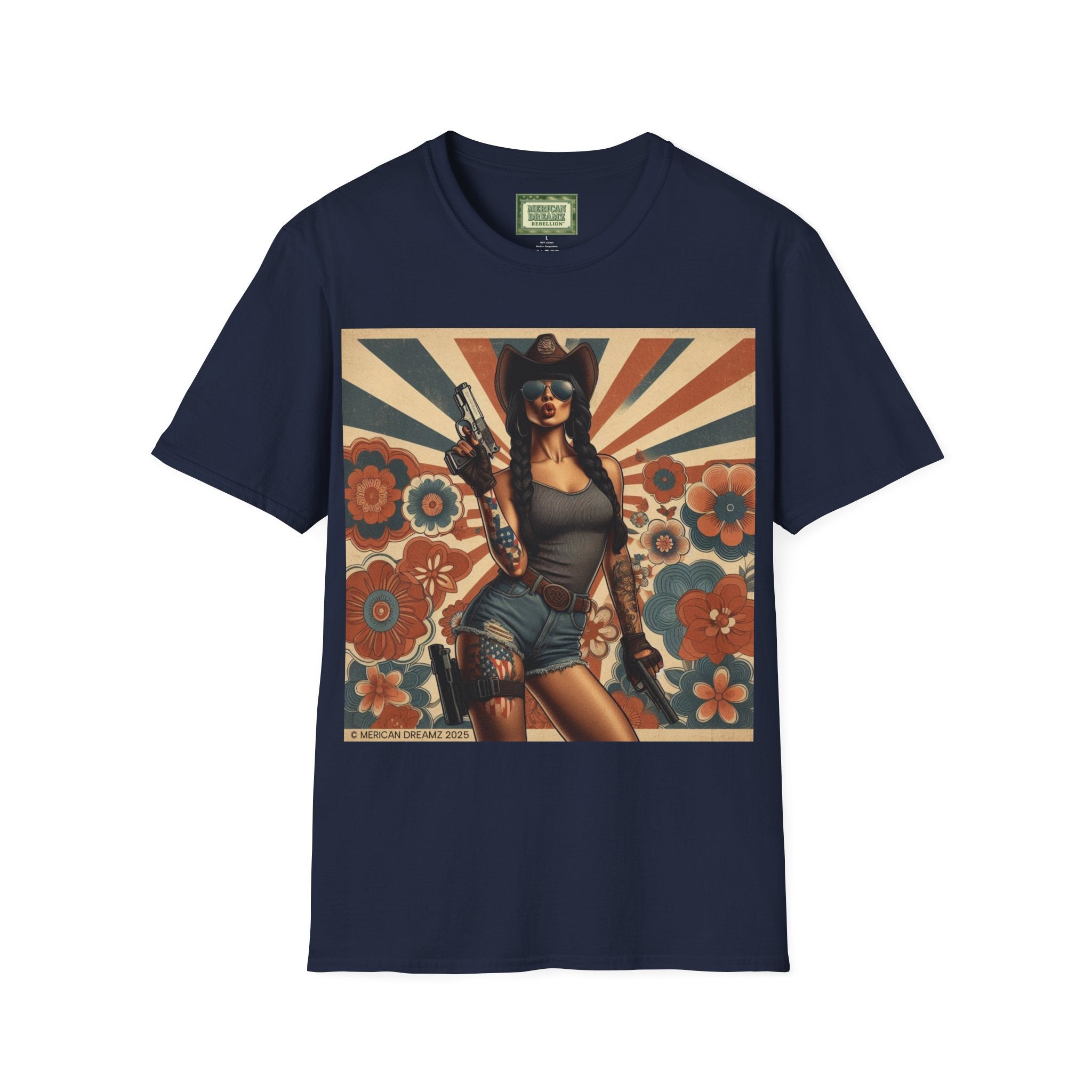 Pin-Up Americana T-Shirt — Retro Floral Gun Cowgirl Vintage Style (US Only)
