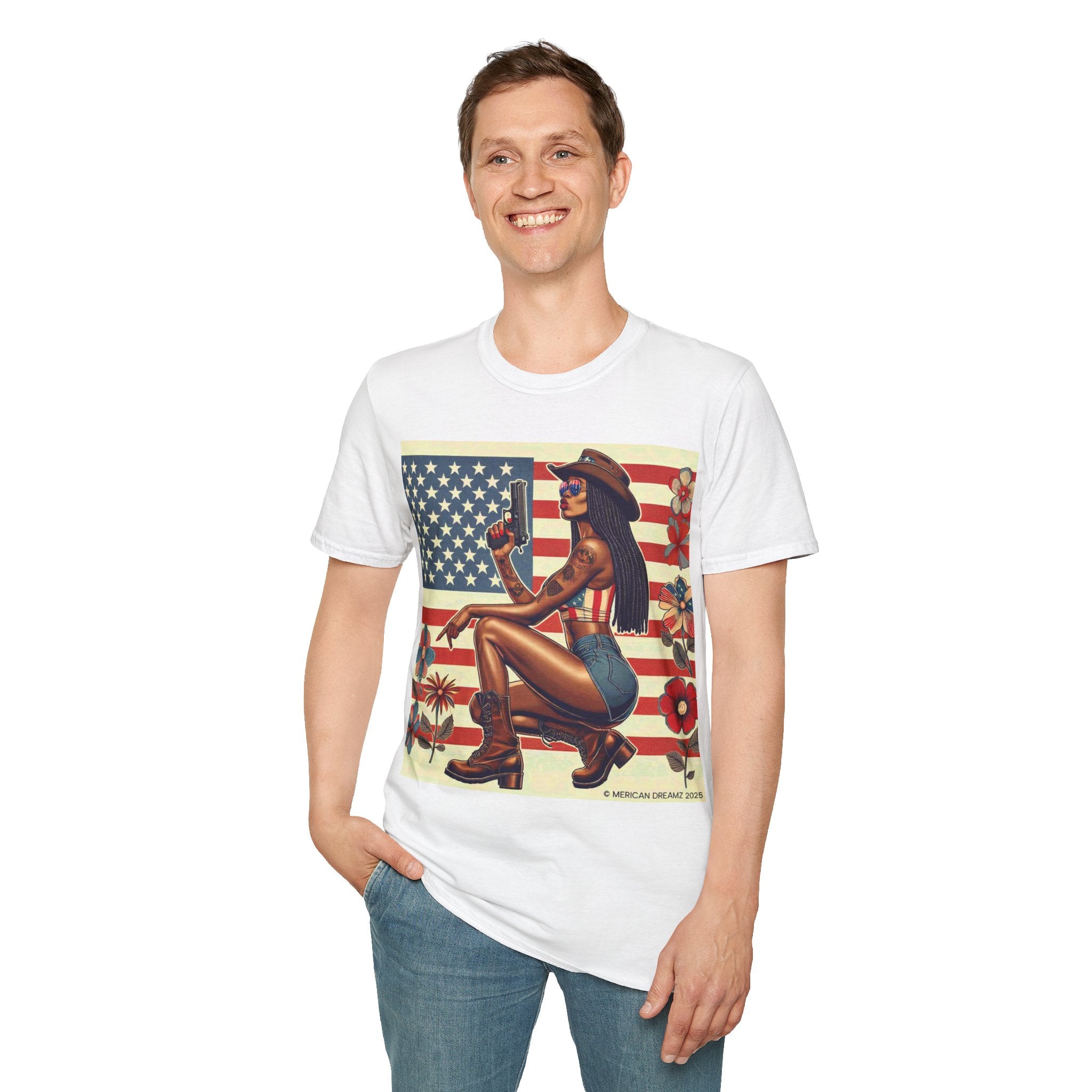 Pin-Up Americana T-Shirt — Retro Floral Gun Cowgirl Vintage Style (US Only)