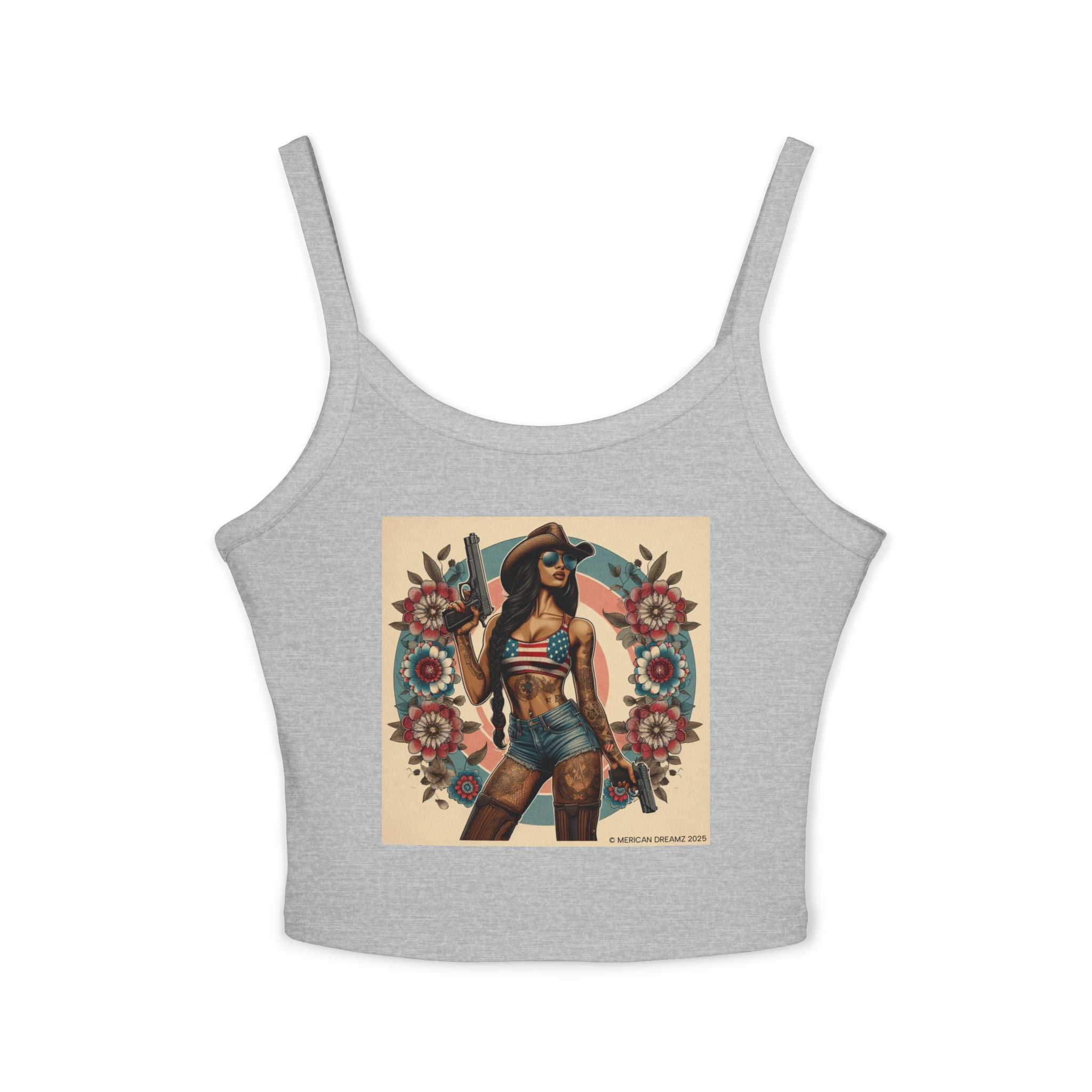 Retro Pinup Girl Tank Top — Vintage Flag & Floral Spaghetti Strap