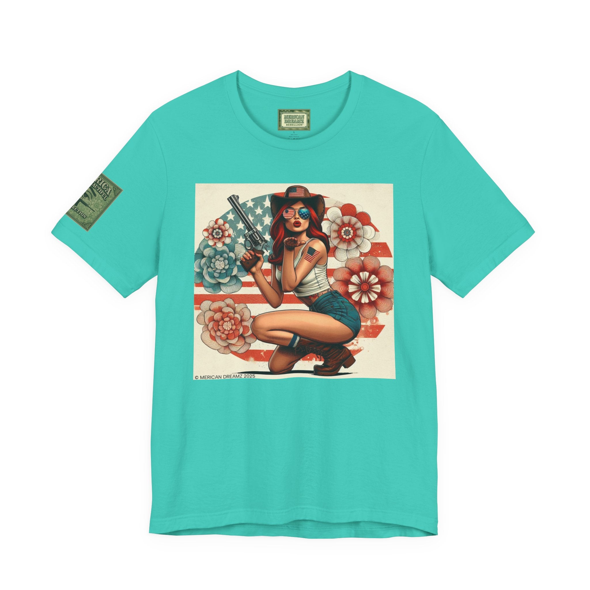 Graphic Short Sleeve Tee front and back — Retro Americana Pin-Up Cowgirls with .44 Magnum Revolvers