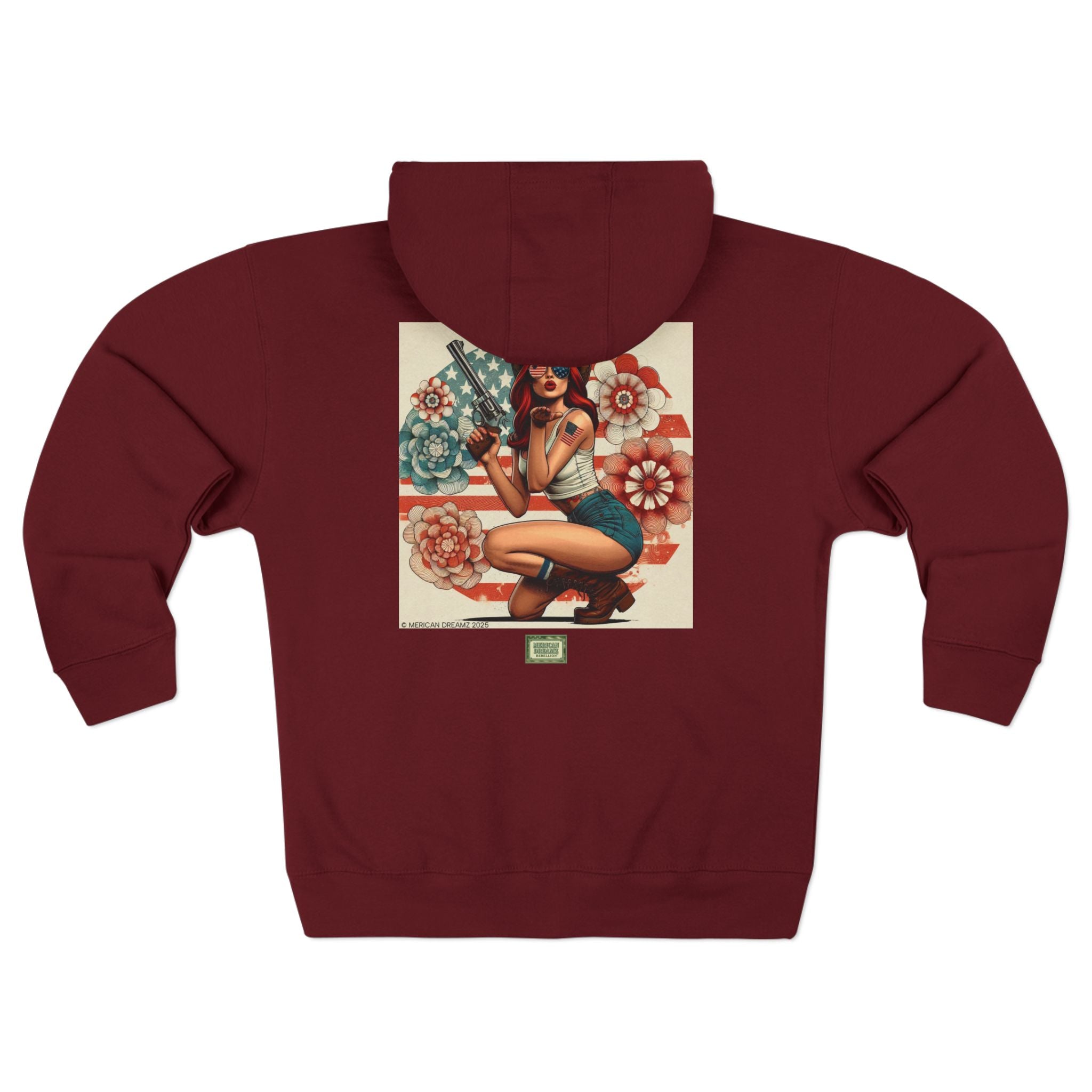 Americana Pinup Cowgirl with 44 Magnum Zip Hoodie — Retro Vintage Patriotic Graphic