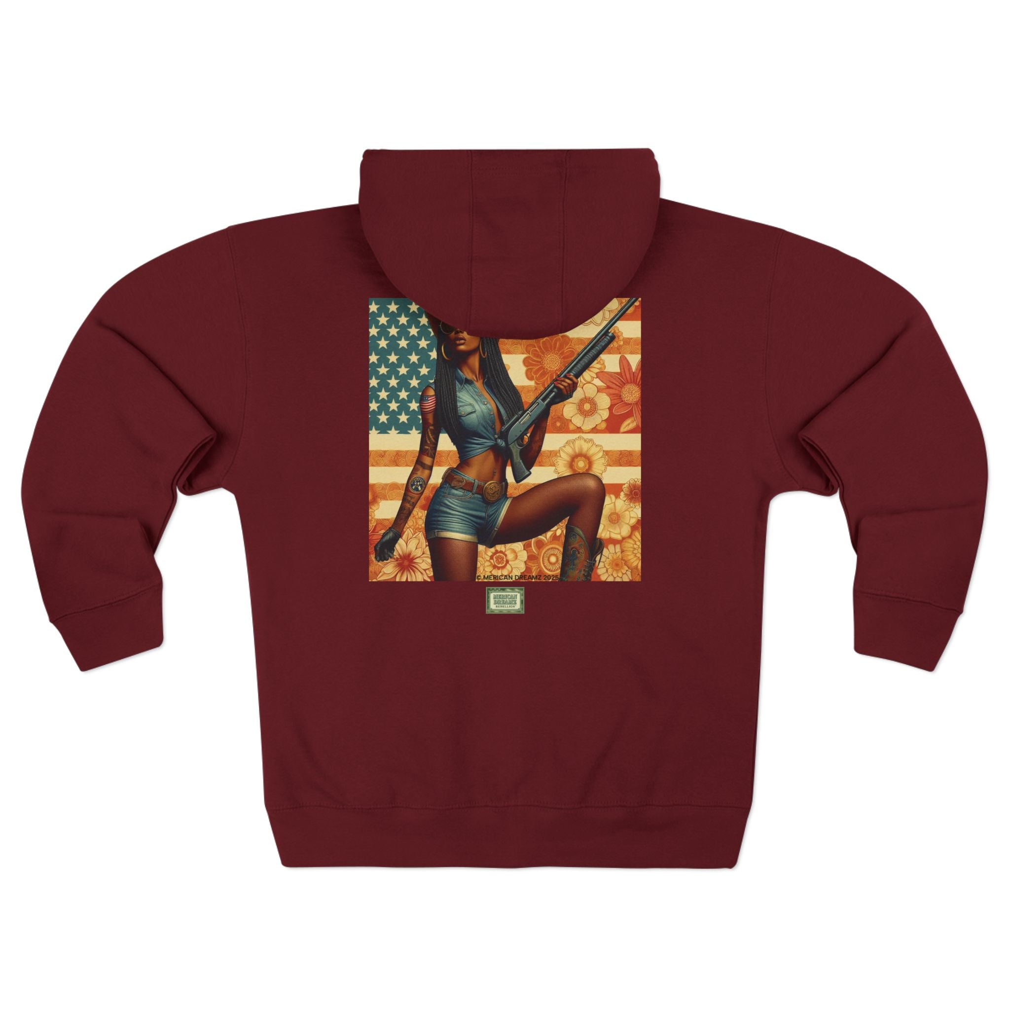 Americana Pinup Cowgirl with Shotgun Zip Hoodie — Retro Vintage Patriotic Graphic