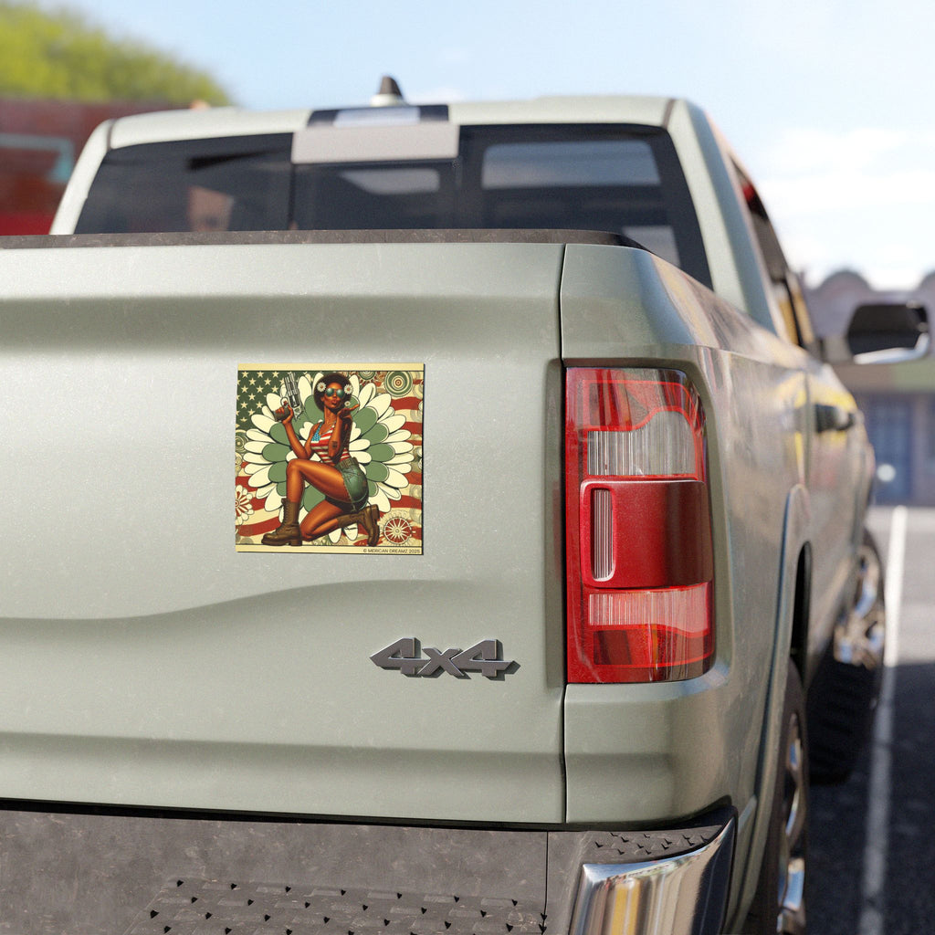 Car Magnet Patriotic Americana Pinup girl with Pistol | Square American Flag Vintage Floral