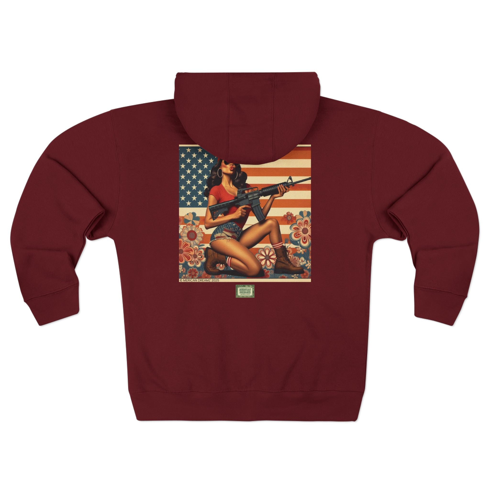 Americana Pinup girl with AR-15 Zip Hoodie — Retro Vintage Patriotic Graphic