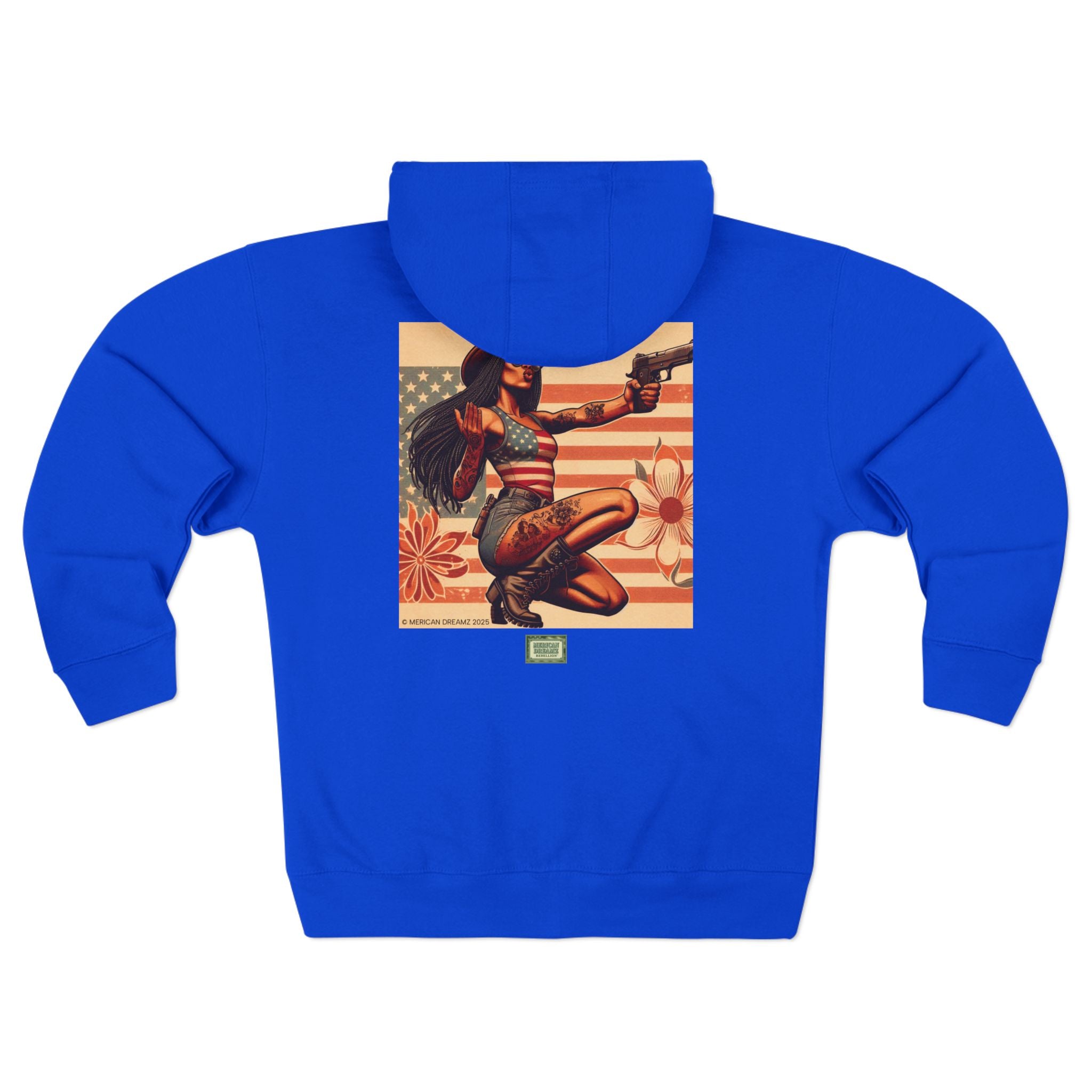 Americana Pinup Cowgirl with 9mm Zip Hoodie — Retro Vintage Patriotic Graphic