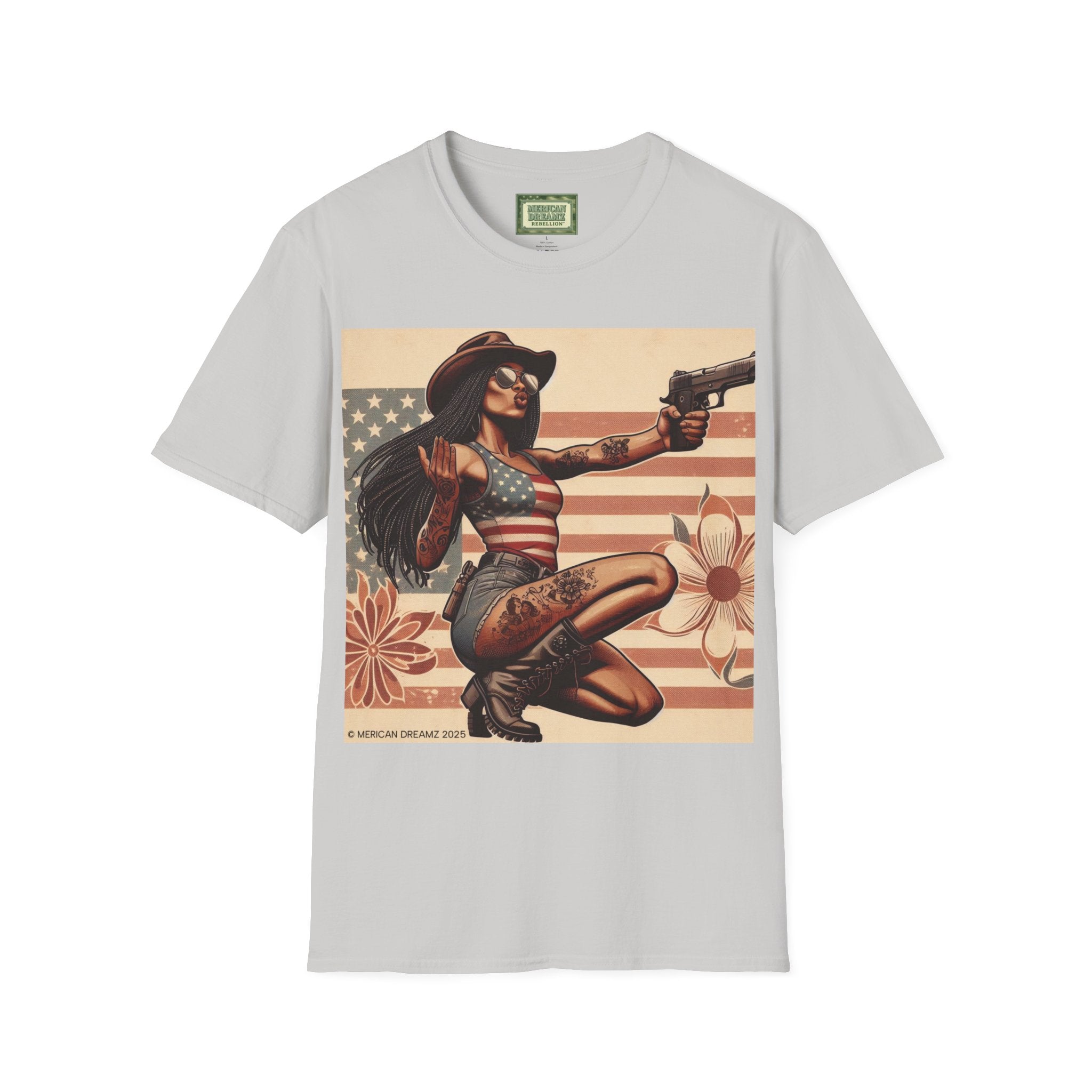 Pin-Up Americana T-Shirt — Retro Floral Gun Cowgirl Vintage Style (US Only)