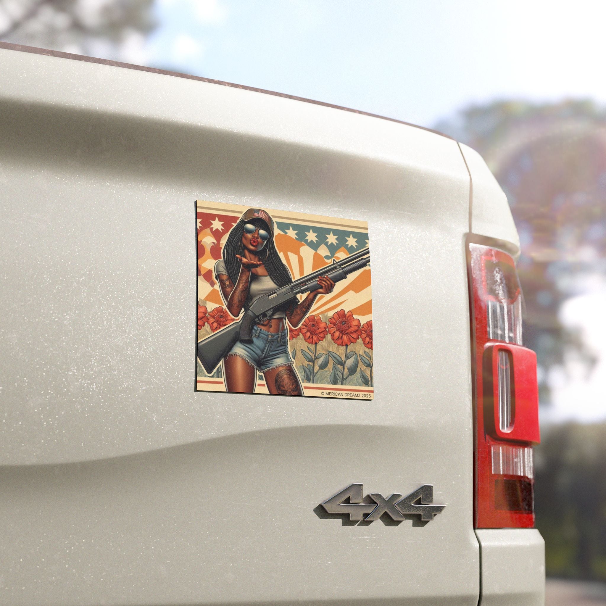 Car Magnet Patriotic Americana Cowgirl with Shotgun | Square American Flag Vintage Floral