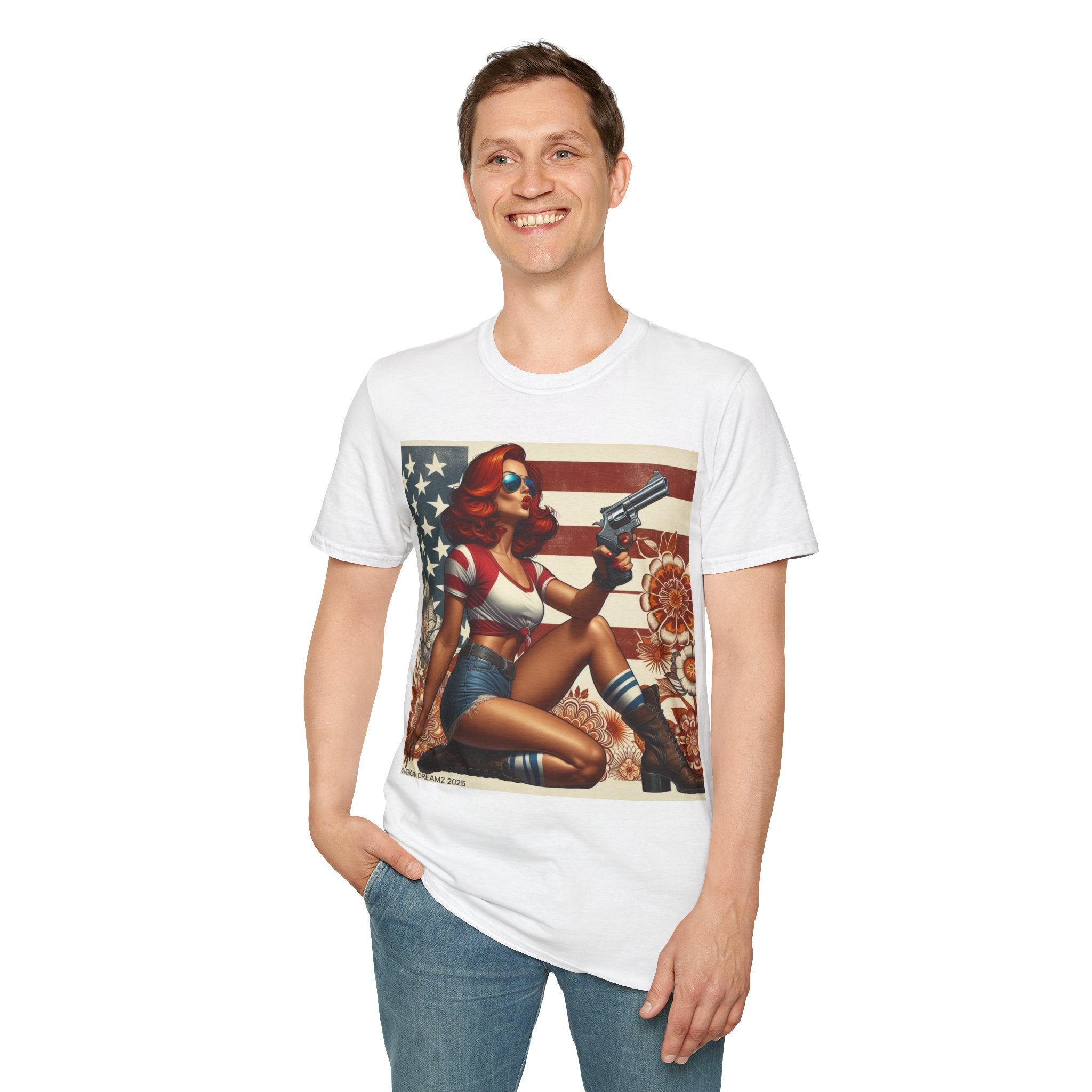 Graphic T-Shirt — Patriotic Pinup Girl with Rifle Vintage Flag Design (US Only)