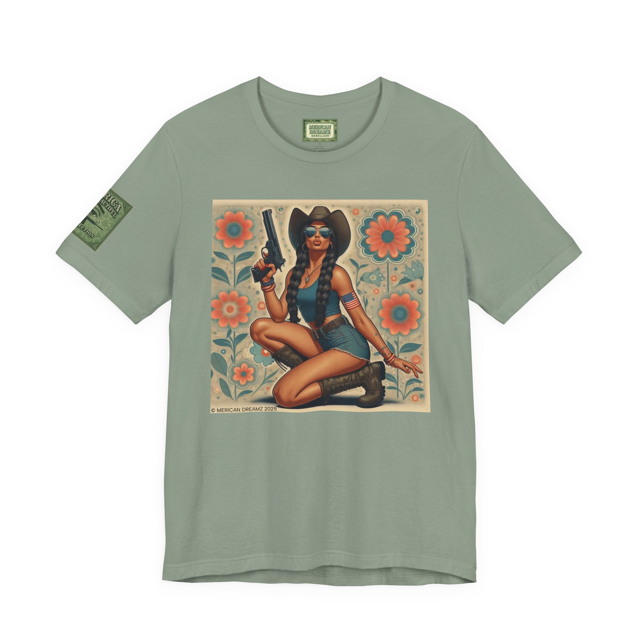 Graphic Short Sleeve Tee front and back — Retro Americana Pin-Up Cowgirls with 9mm Pistols