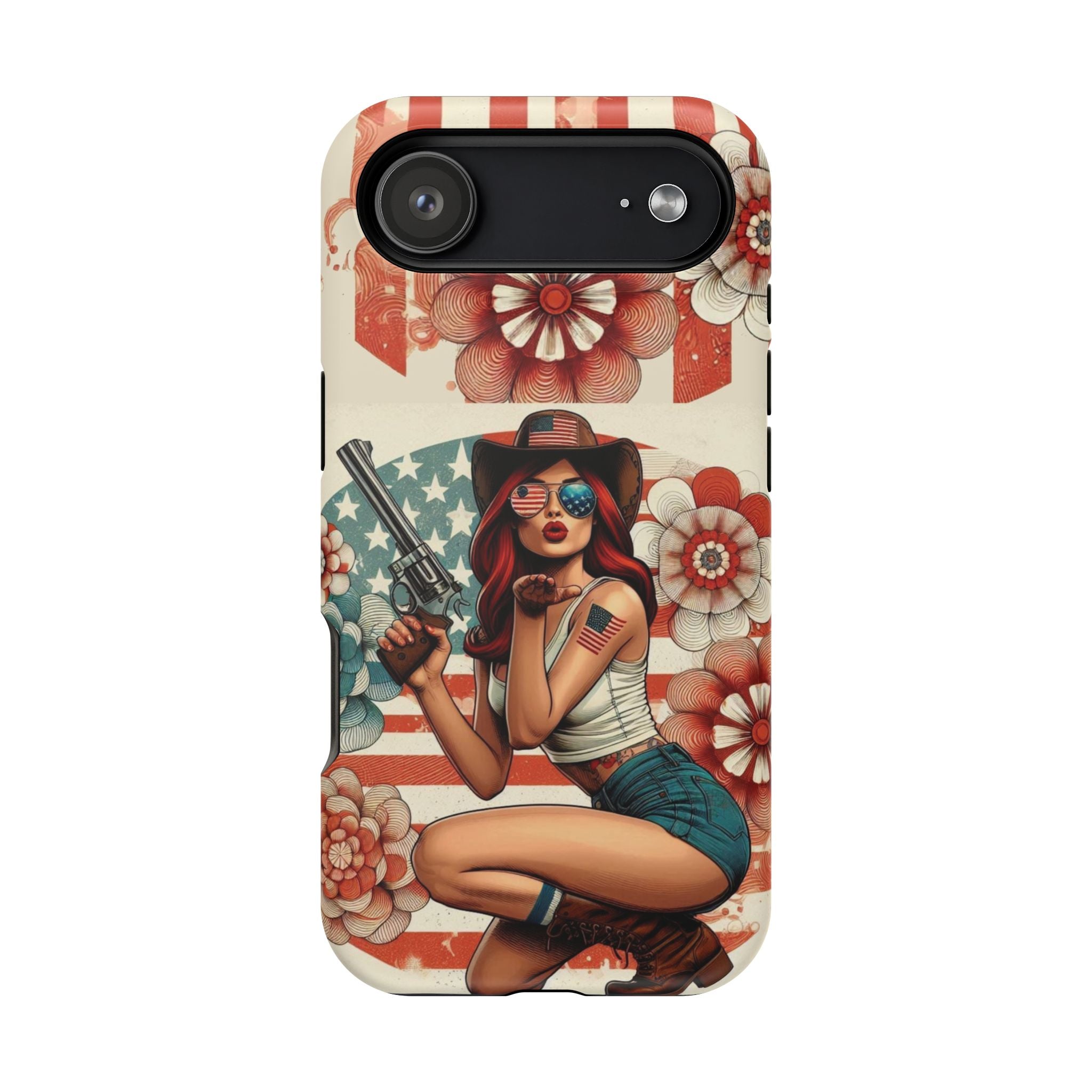 Americana .44 Magnum Pinup Girl - Magnetic Impact‑Resistant Phone Case  iPhone 13-17 / Samsung S26  MagSafe Compatible