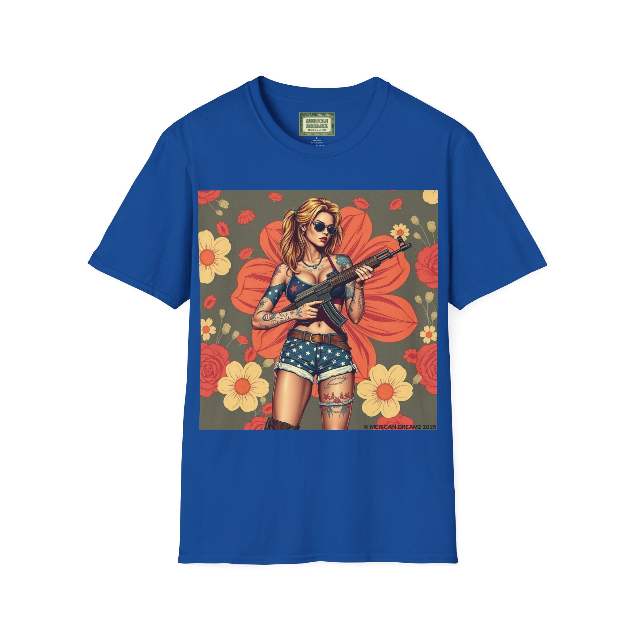 Graphic T-Shirt — Patriotic Pinup Girl with Rifle Vintage Flag Design (US Only)