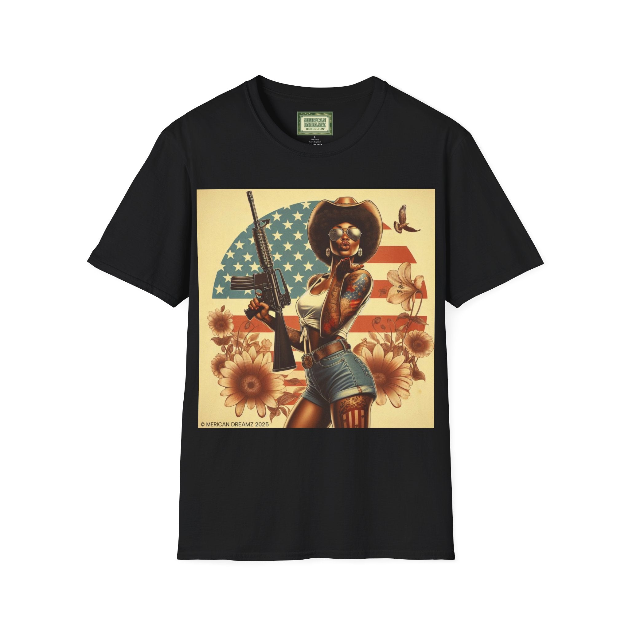 Pin-Up Americana T-Shirt — Retro Floral Gun Cowgirl Vintage Style (US Only)
