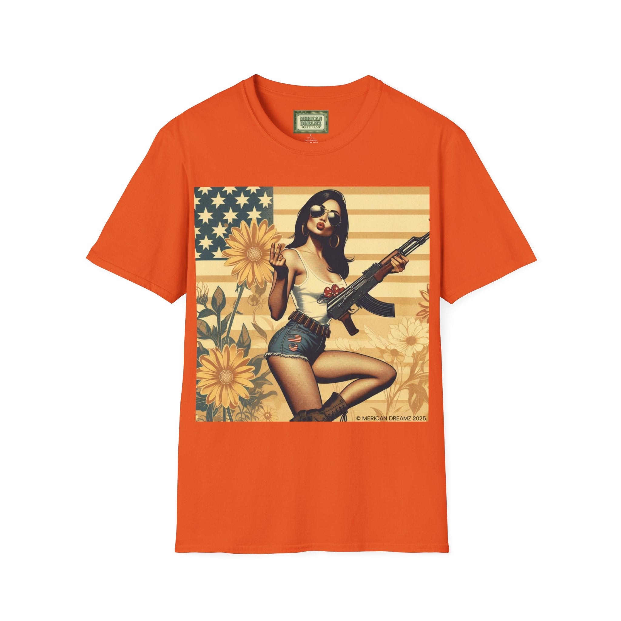 Graphic T-Shirt — Patriotic Pinup Girl with Rifle Vintage Flag Design (US Only)