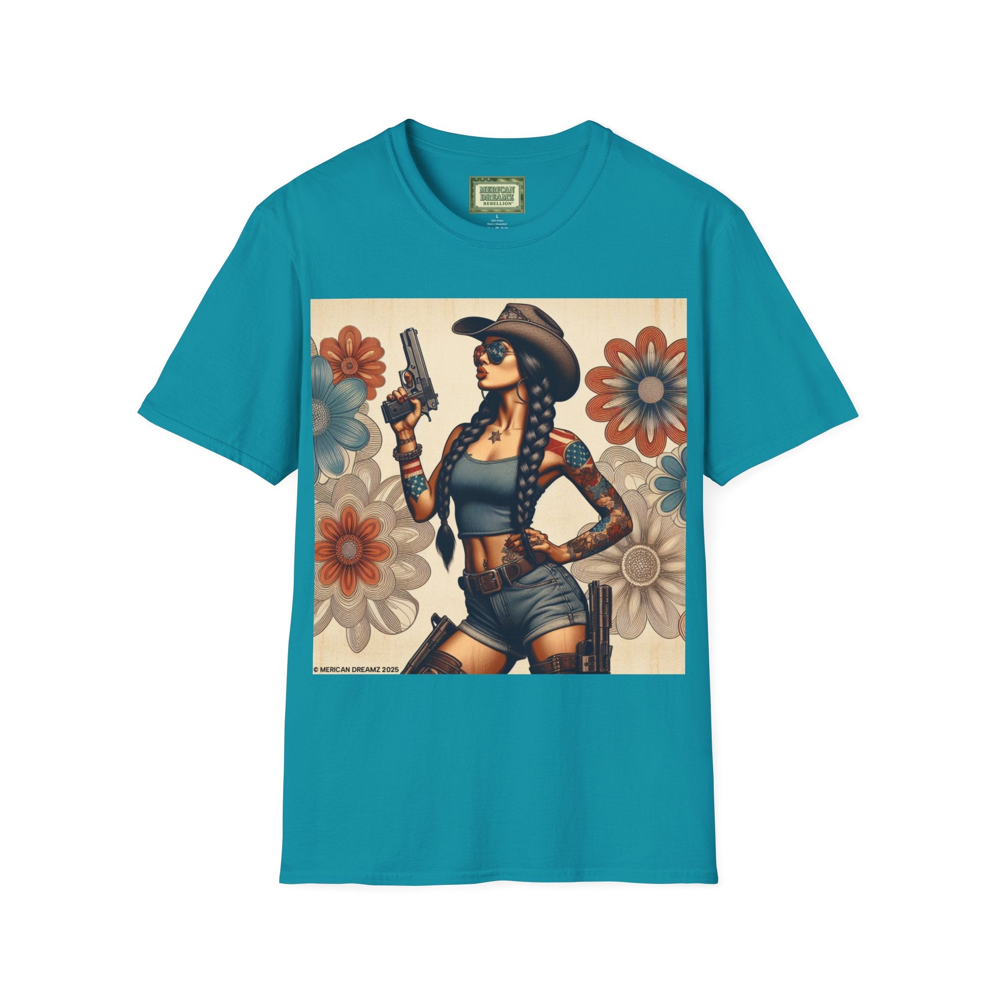 Pin-Up Americana T-Shirt — Retro Floral Gun Cowgirl Vintage Style (US Only)