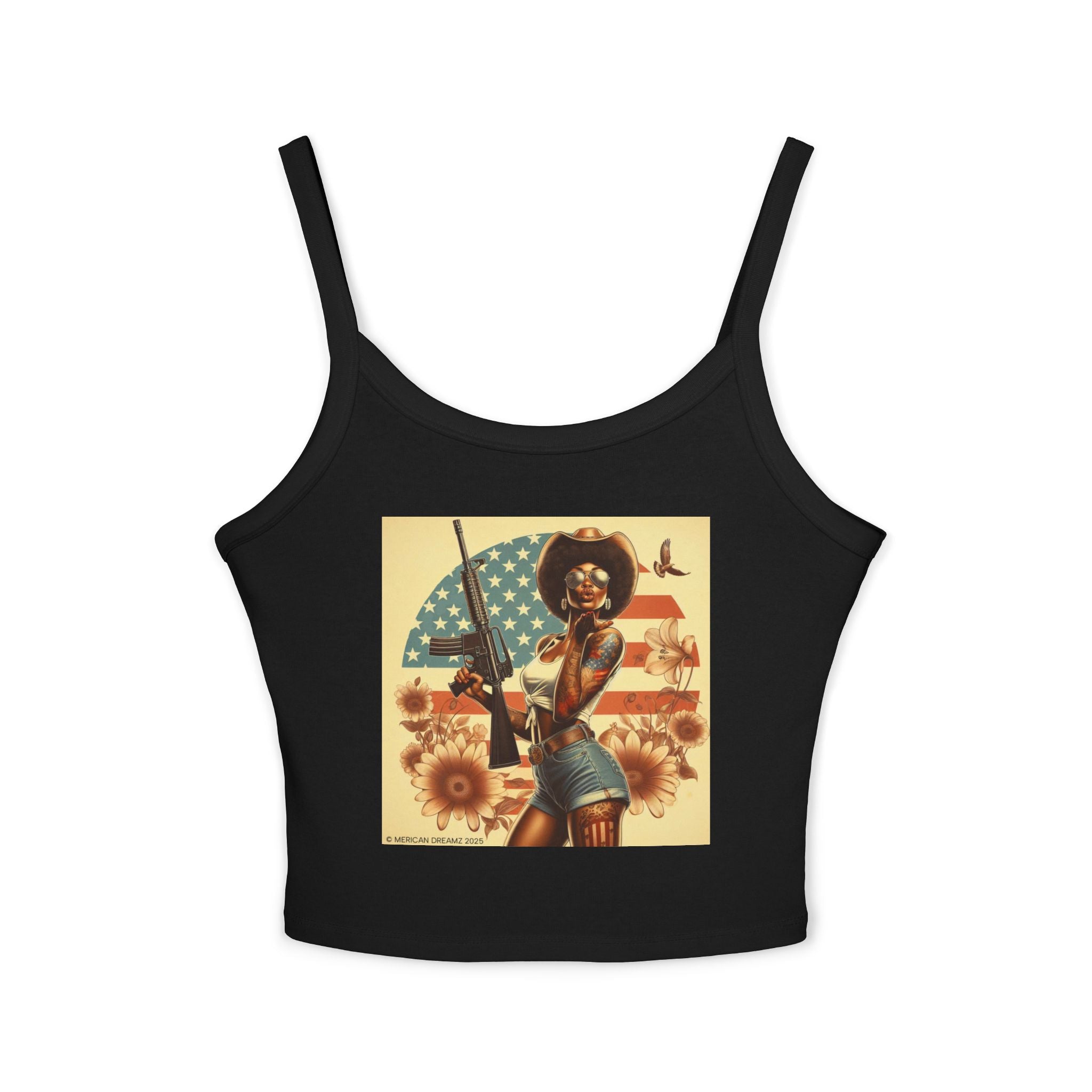 Retro Pinup Girl Tank Top — Vintage Flag & Floral Spaghetti Strap
