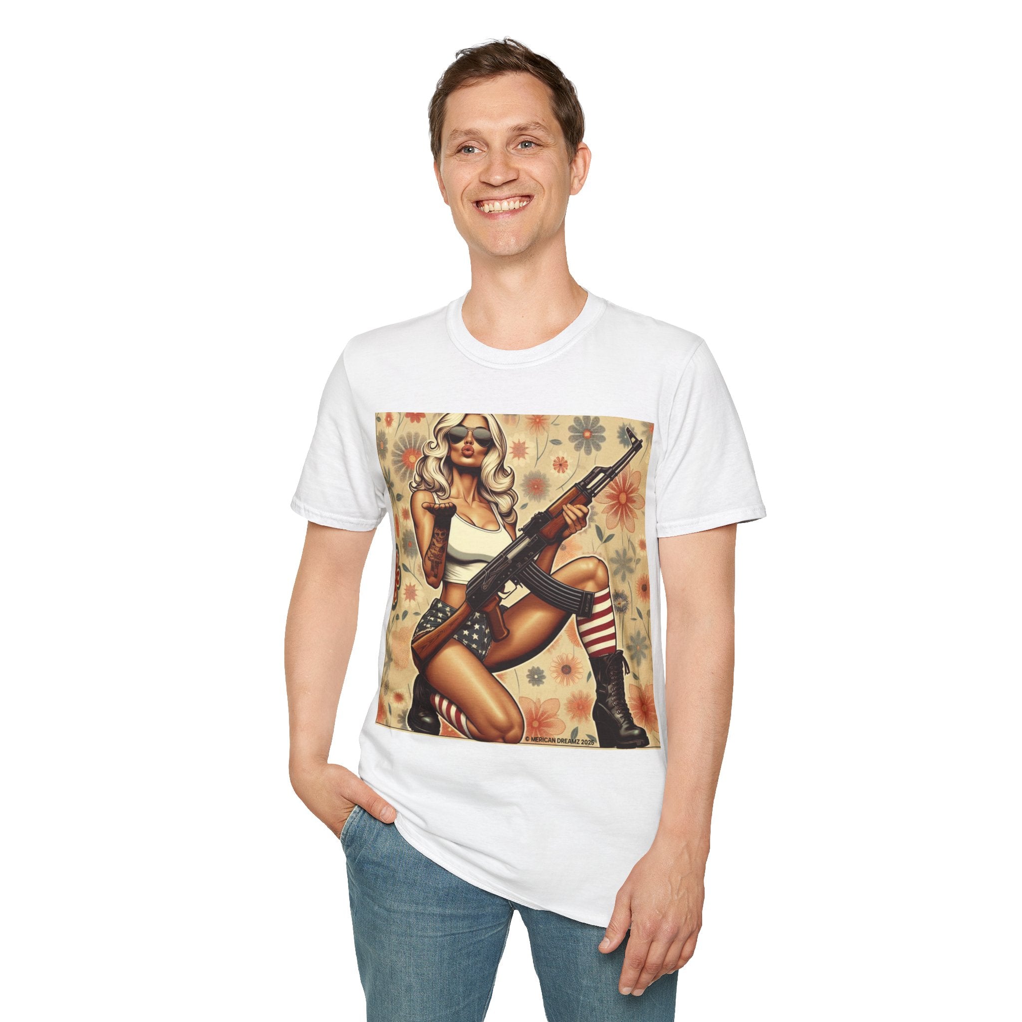Graphic T-Shirt — Patriotic Pinup Girl with Rifle Vintage Flag Design (US Only)