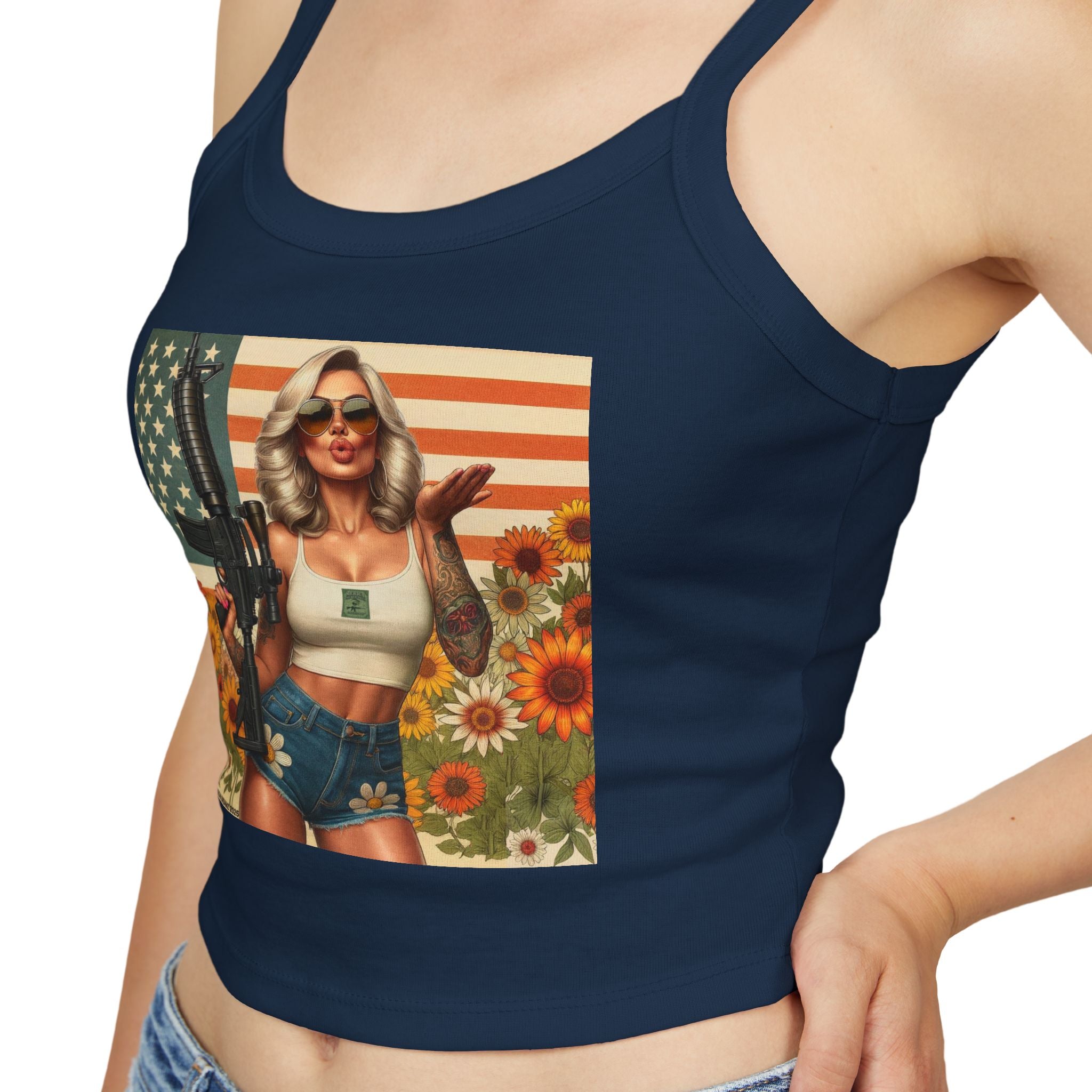 Retro Pinup Girl Tank Top — Vintage Flag & Floral Spaghetti Strap