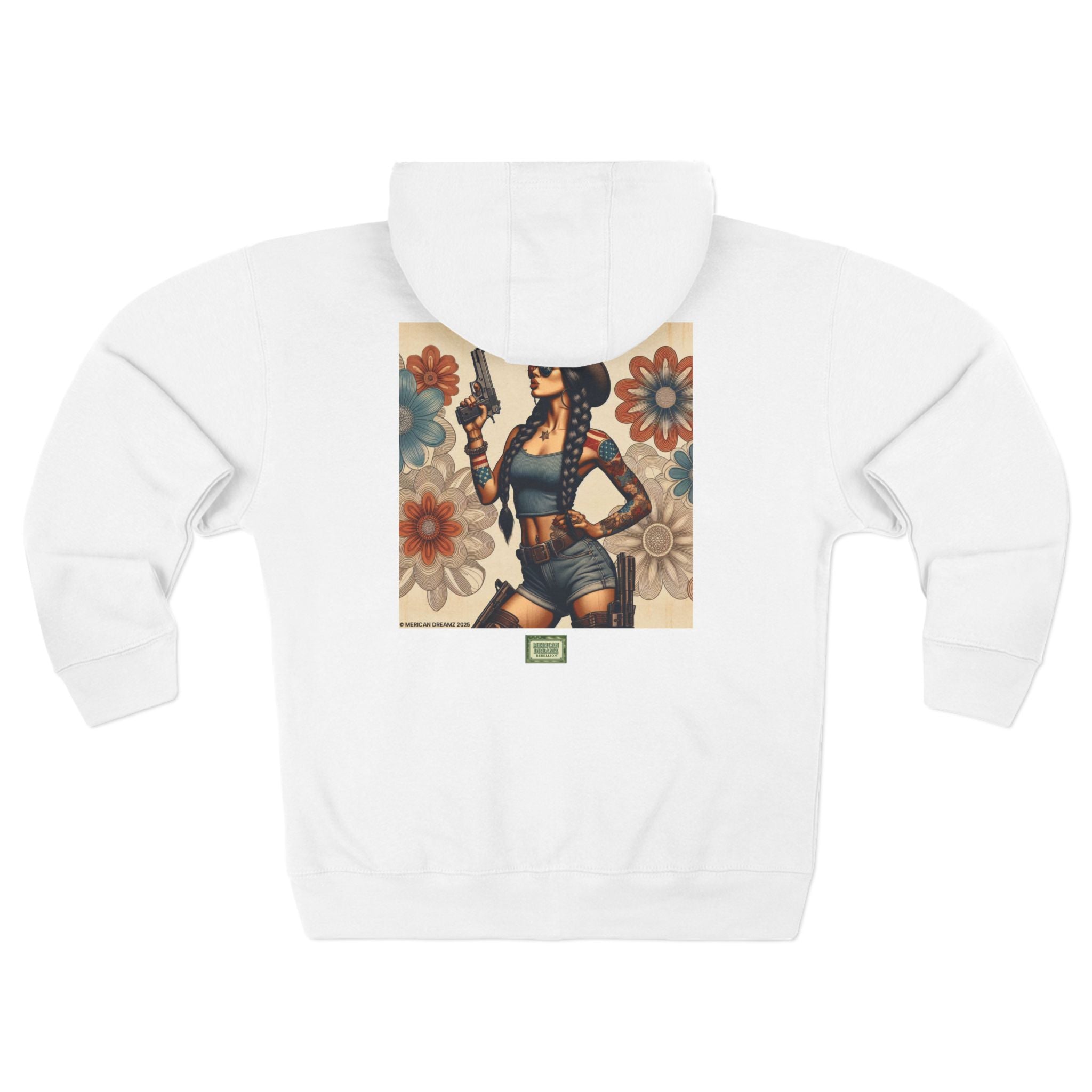 Americana Pinup Cowgirl with 9mm Zip Hoodie — Retro Vintage Patriotic Graphic