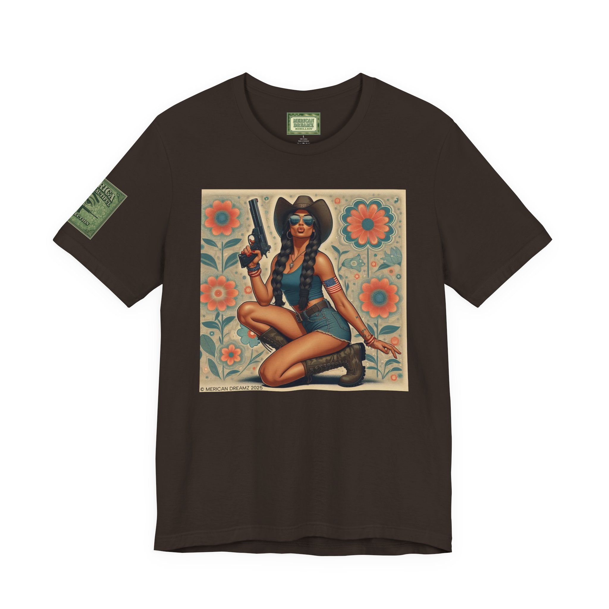 Graphic Short Sleeve Tee front and back — Retro Americana Pin-Up Cowgirls with 9mm Pistols