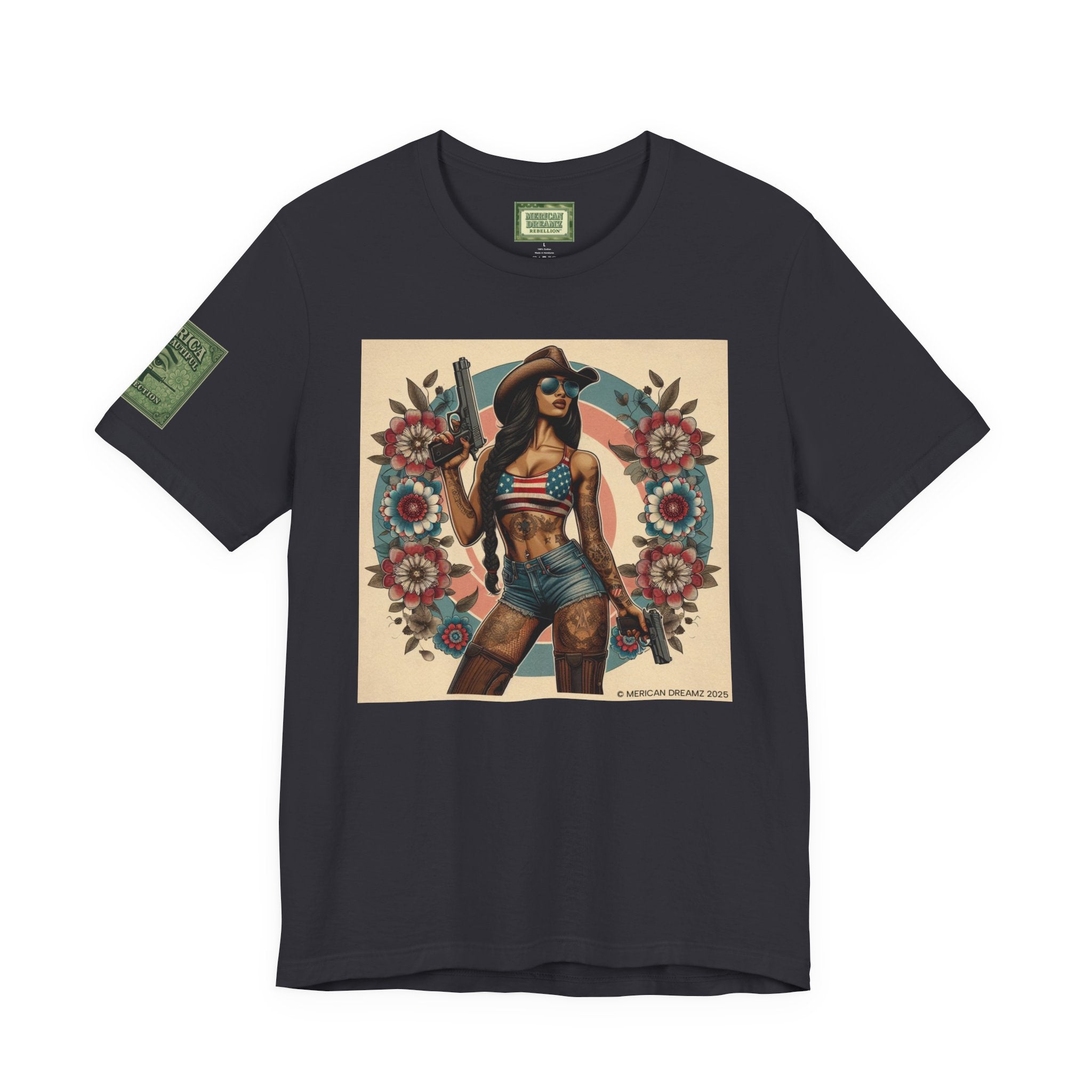 Graphic Short Sleeve Tee front and back — Retro Americana Pin-Up Cowgirls with 9mm Pistols