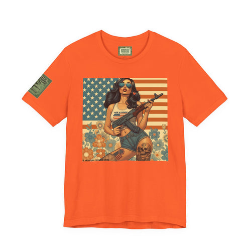 Graphic Short Sleeve Tee front and back — Retro Americana Pin-Up Girls with AK-47 Rifles