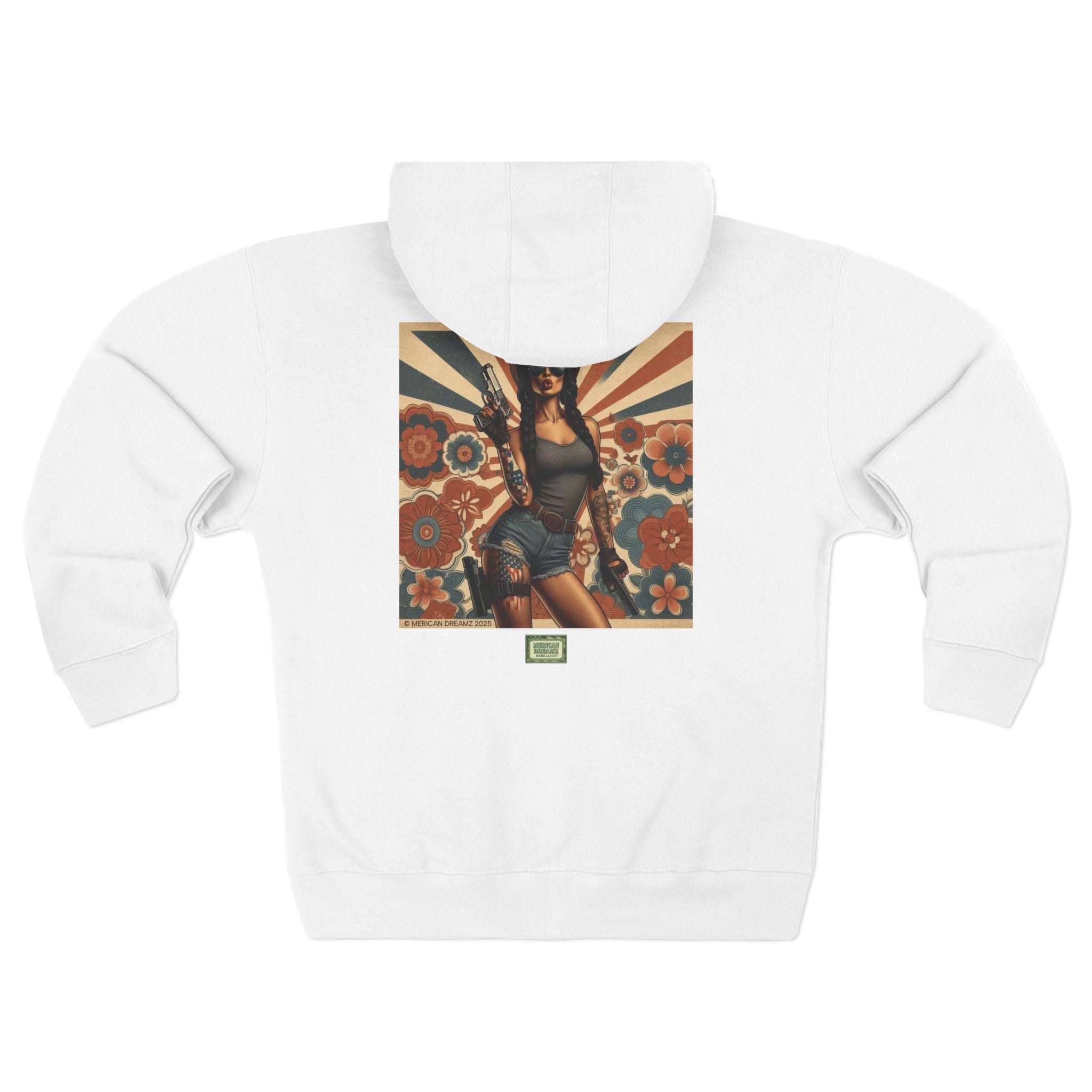 Americana Pinup Cowgirl with 9mm Zip Hoodie — Retro Vintage Patriotic Graphic