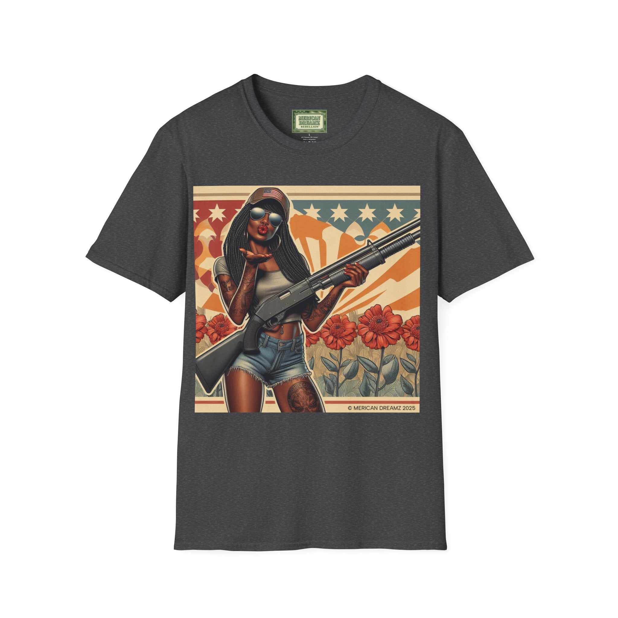 Graphic T-Shirt — Patriotic Pinup Girl with Shotgun Vintage Flag Design (US Only)