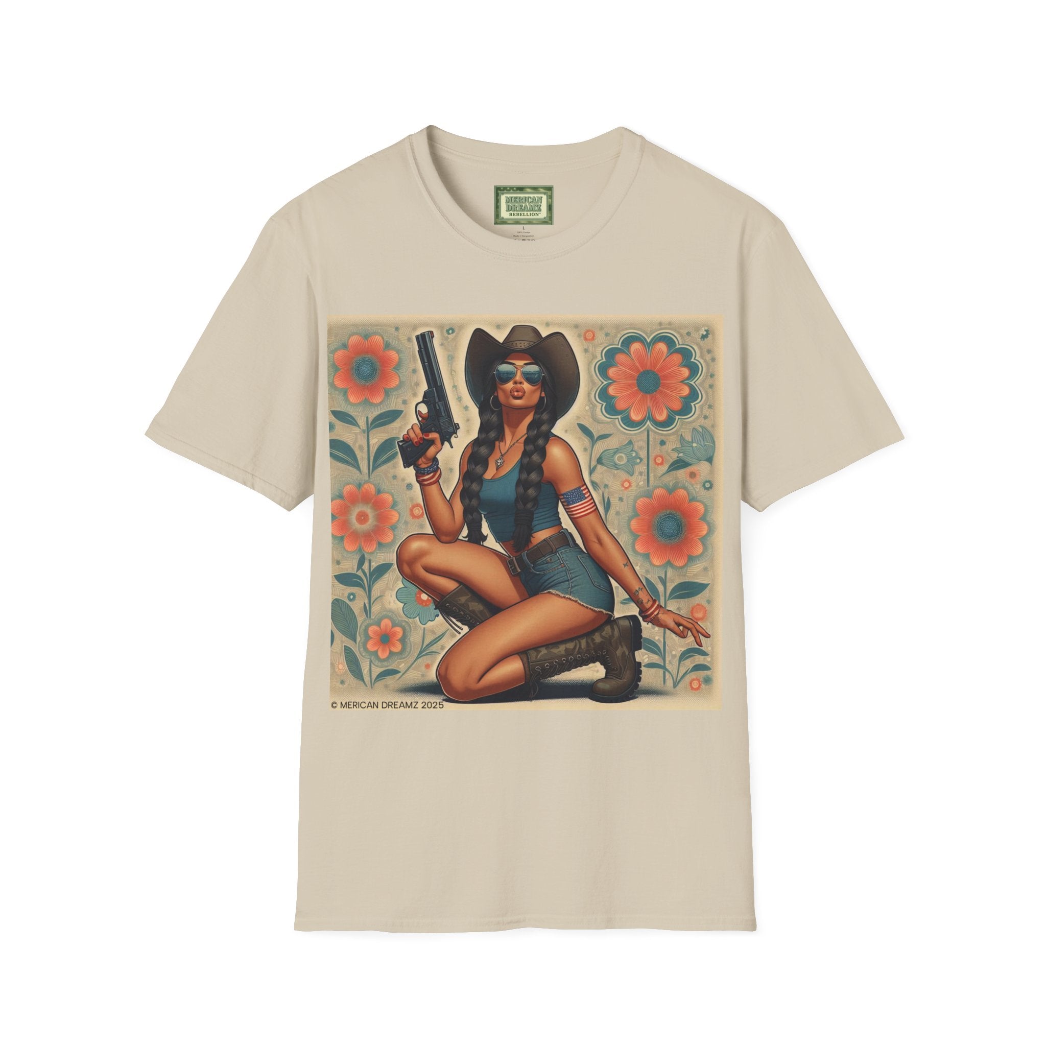Pin-Up Americana T-Shirt — Retro Floral Gun Cowgirl Vintage Style (US Only)