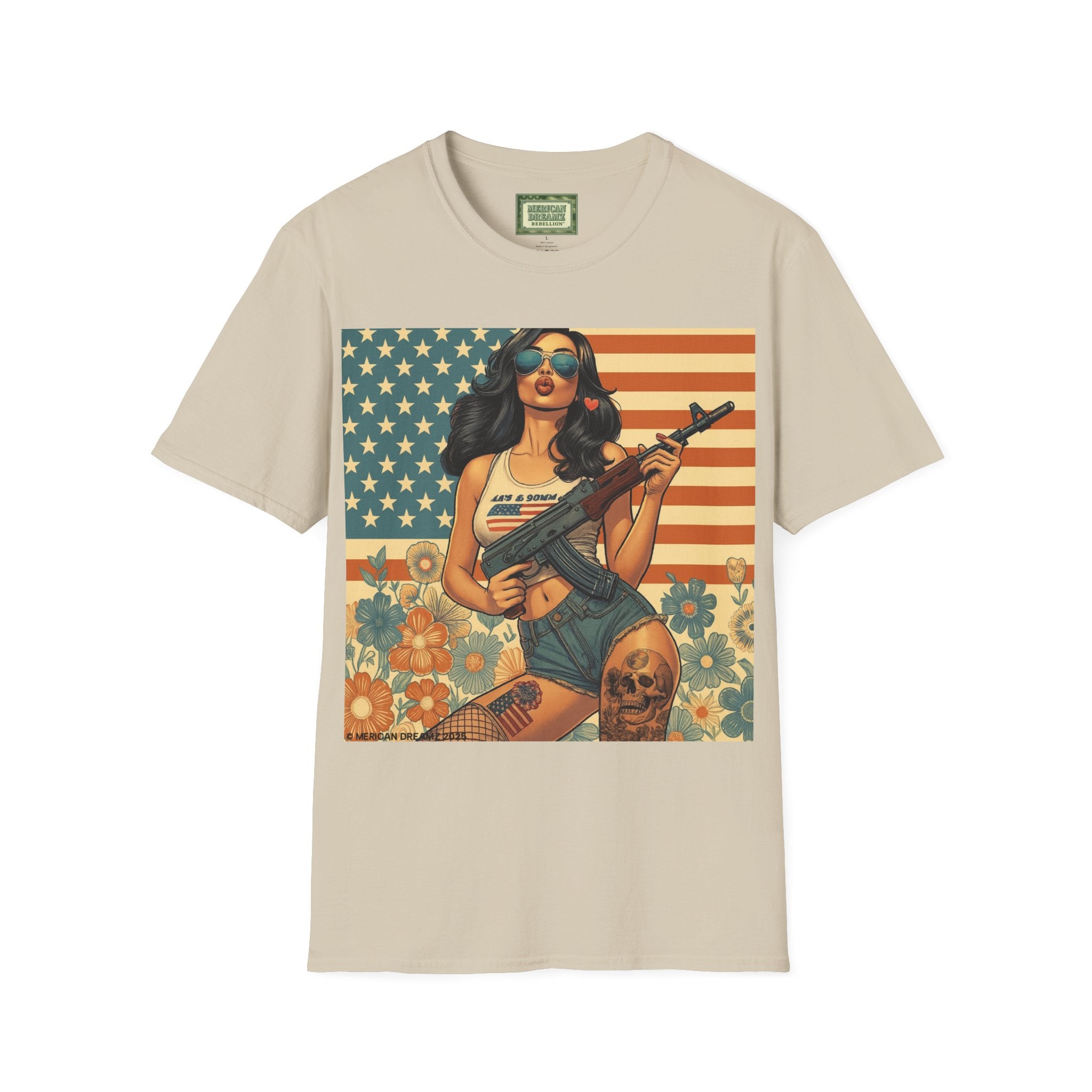 Graphic T-Shirt — Patriotic Pinup Girl with Rifle Vintage Flag Design (US Only)