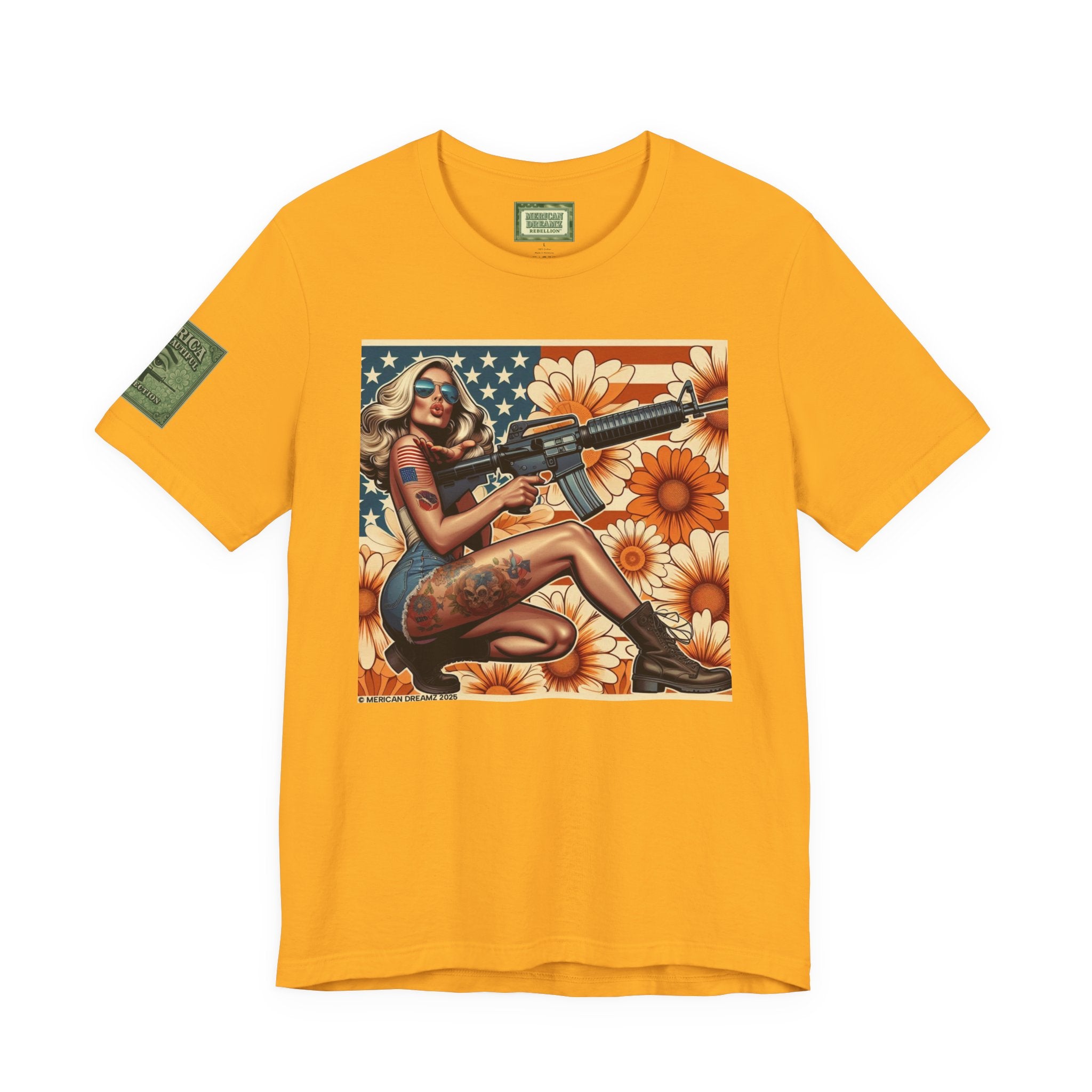 Graphic Short Sleeve Tee front and back — Retro Americana Pin-Up Girls with AR-15 Rifles