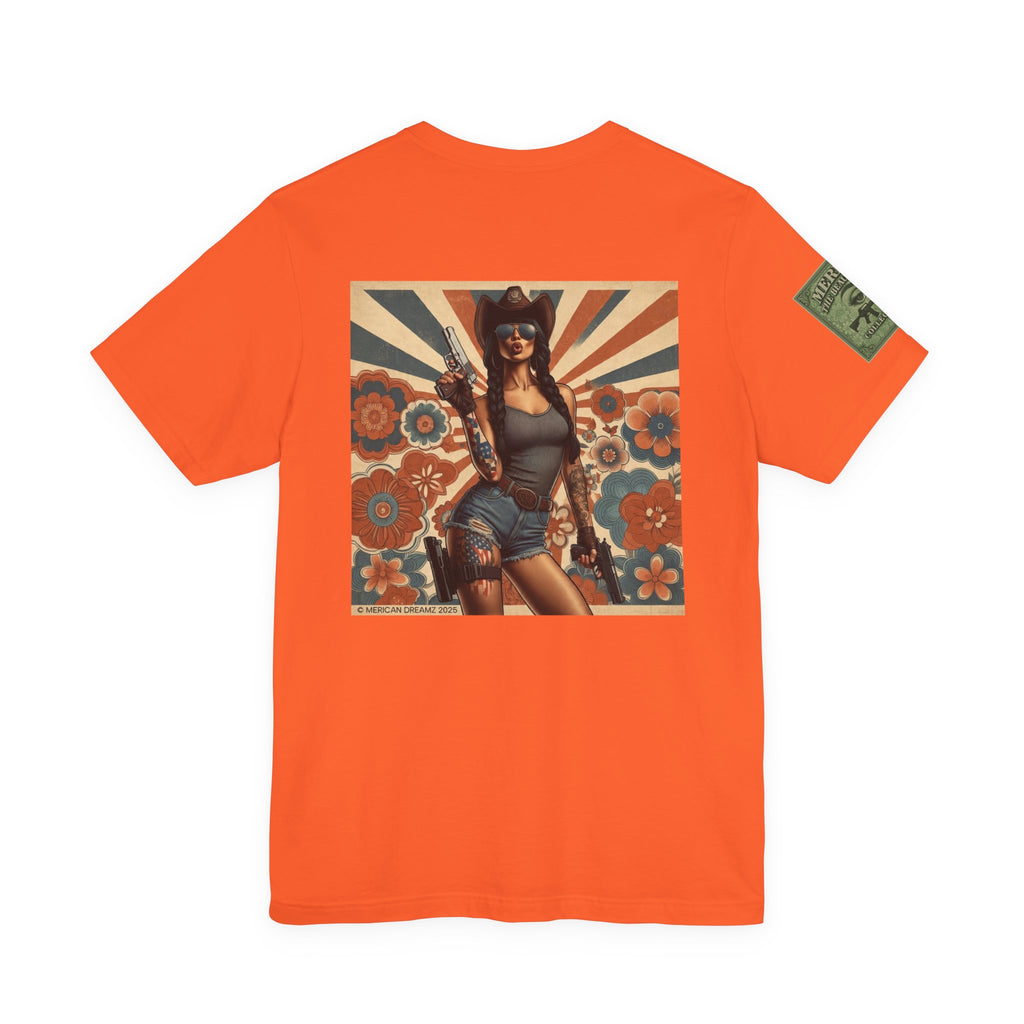 Graphic Short Sleeve Tee front and back — Retro Americana Pin-Up Cowgirls with 9mm Pistols