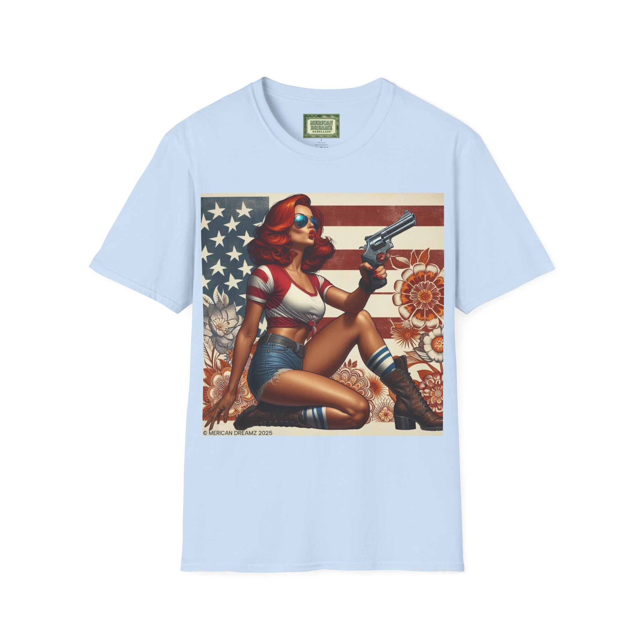Graphic T-Shirt — Patriotic Pinup Girl with Rifle Vintage Flag Design (US Only)
