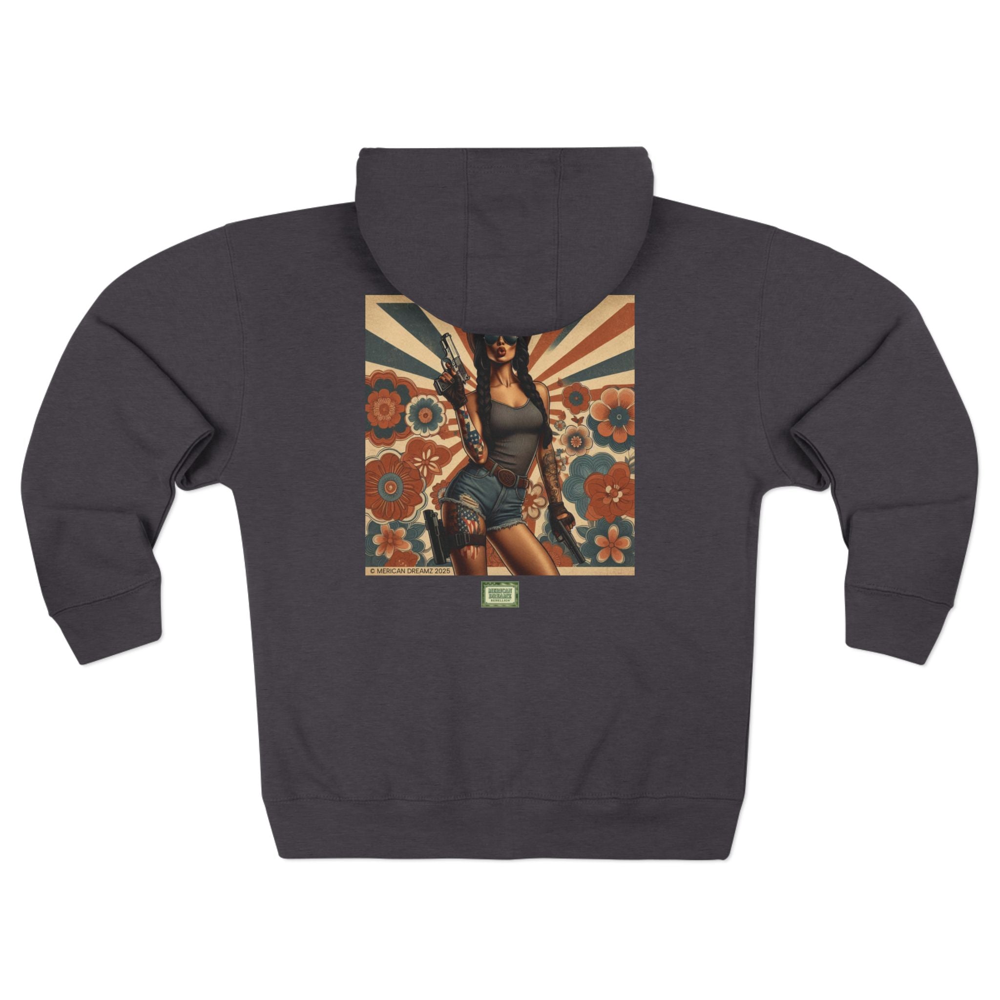 Americana Pinup Cowgirl with 9mm Zip Hoodie — Retro Vintage Patriotic Graphic
