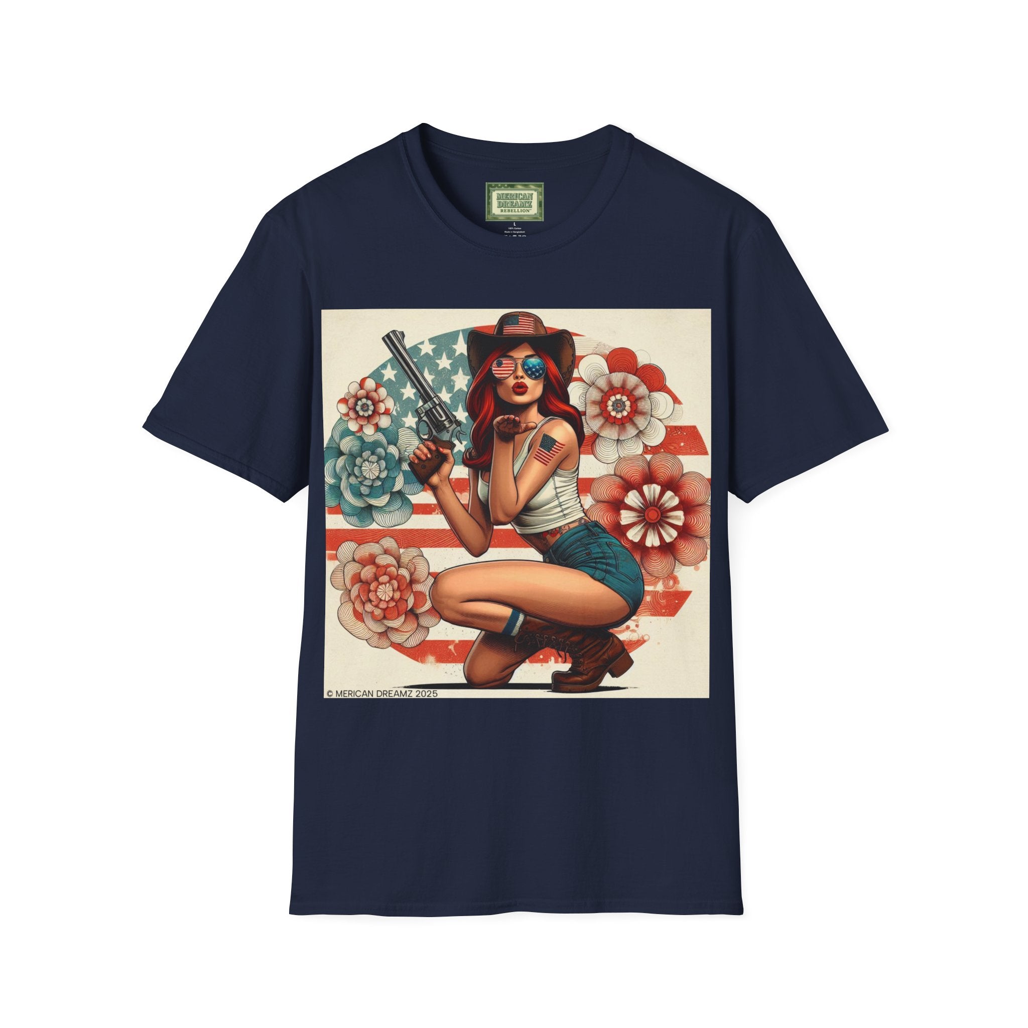 Pin-Up Americana T-Shirt — Retro Floral Gun Cowgirl Vintage Style (US Only)
