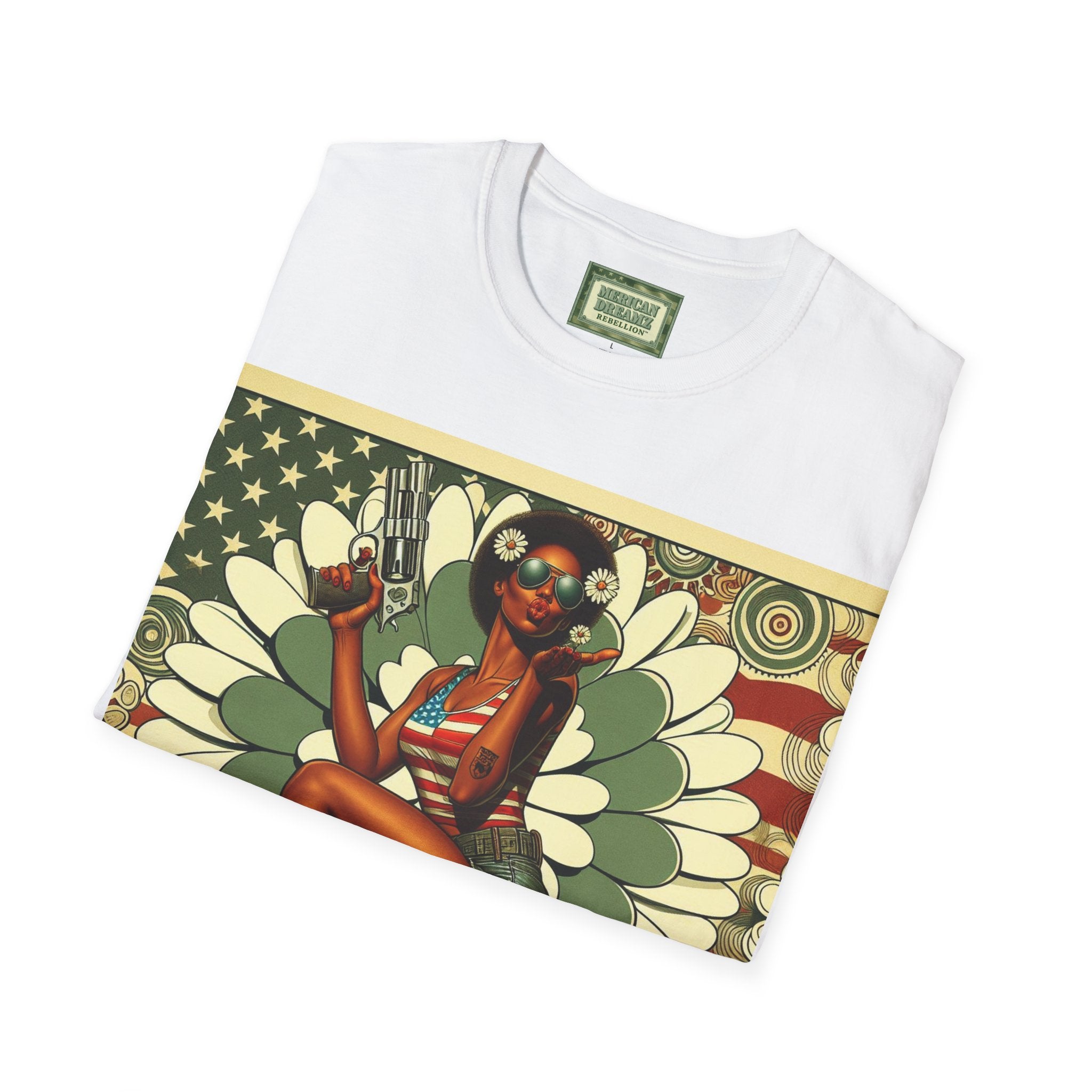 Graphic T-Shirt — Patriotic Pinup Girl with Pistol Vintage Flag Design (US Only)