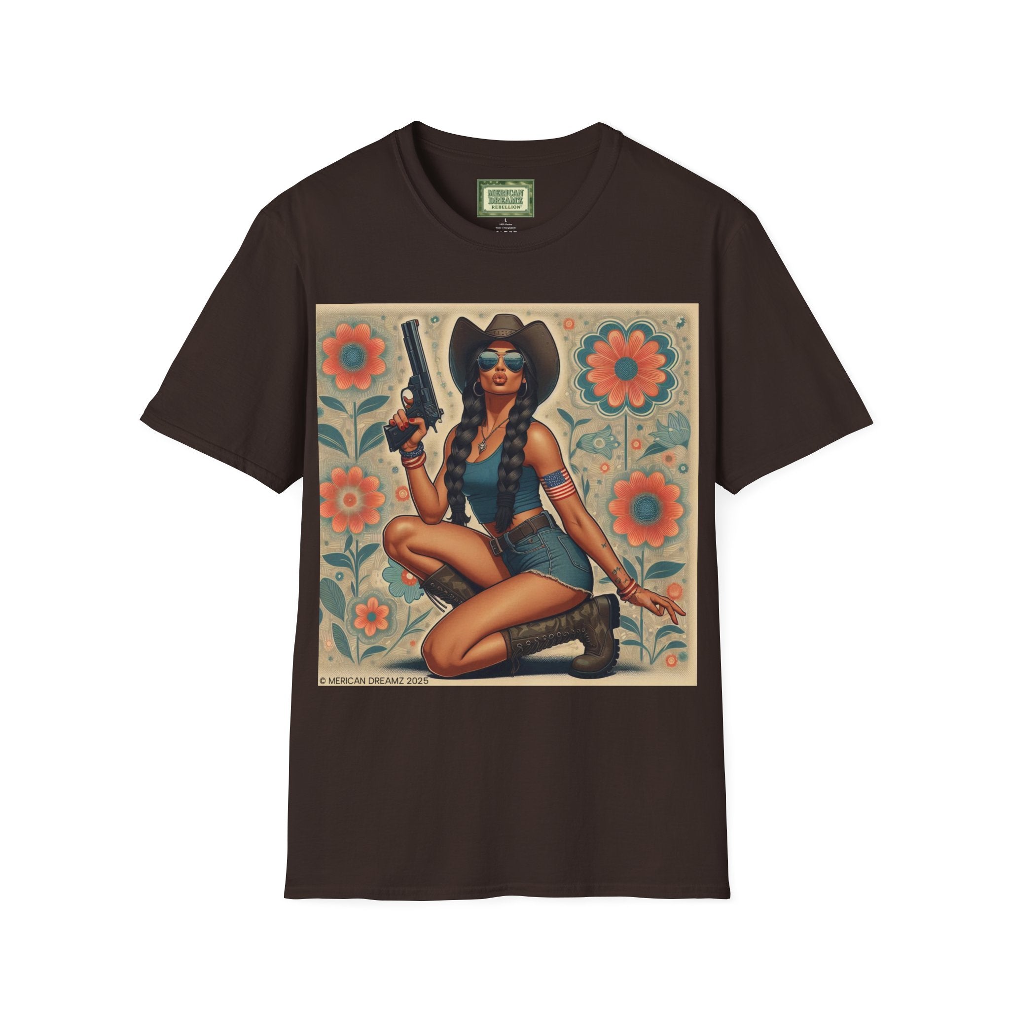 Pin-Up Americana T-Shirt — Retro Floral Gun Cowgirl Vintage Style (US Only)