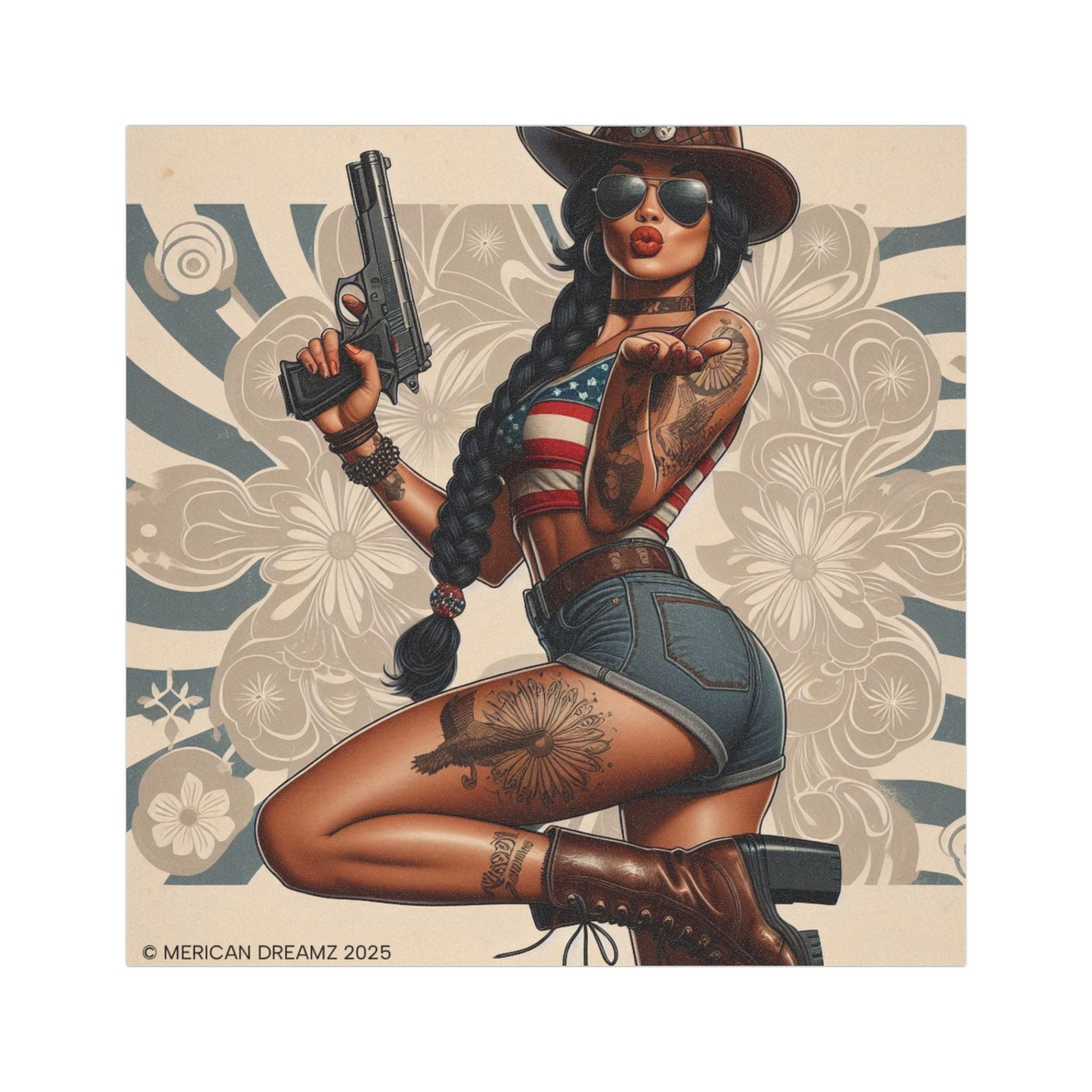 Car Magnet Patriotic Americana Cowgirl with Pistol | Square American Flag Vintage Floral