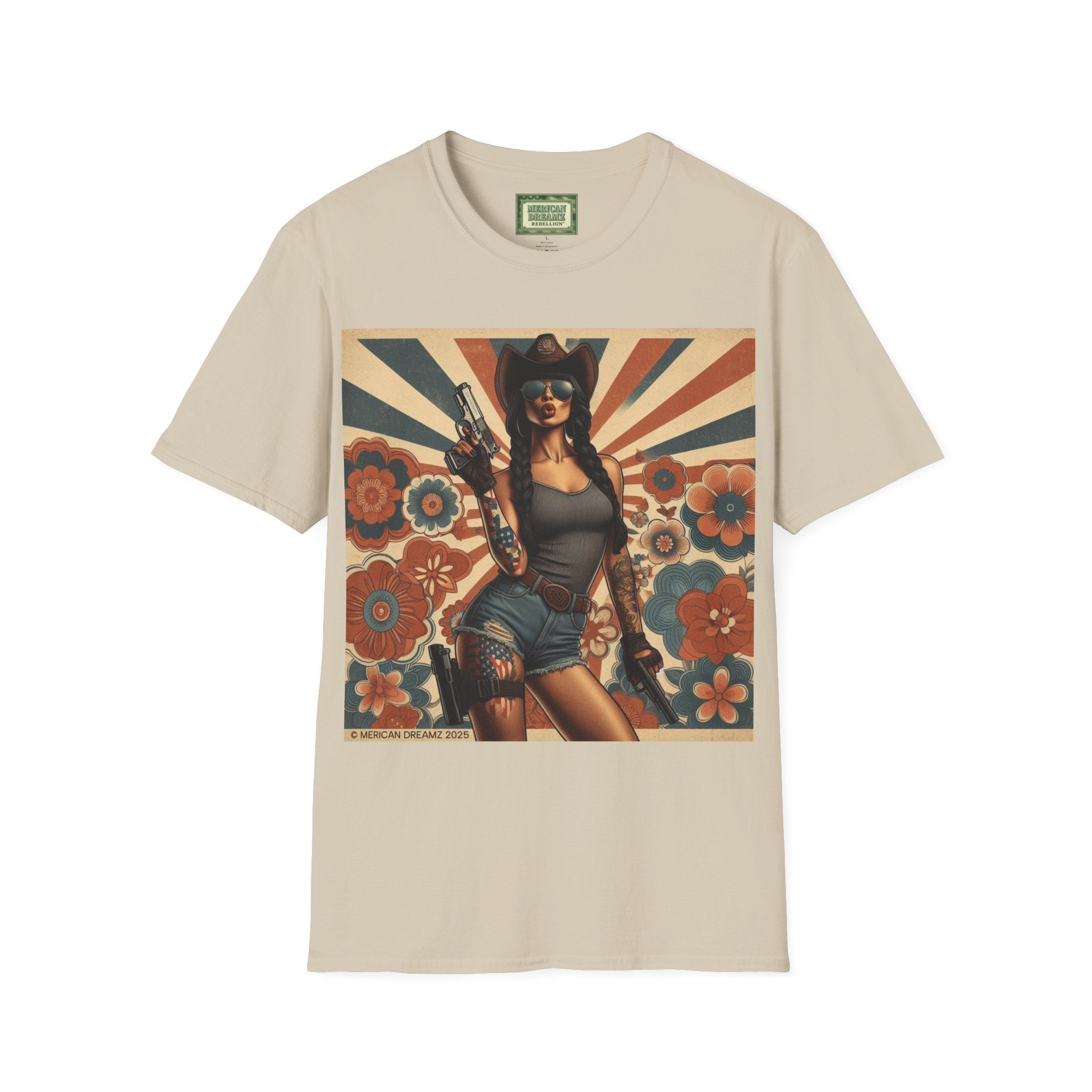 Pin-Up Americana T-Shirt — Retro Floral Gun Cowgirl Vintage Style (US Only)