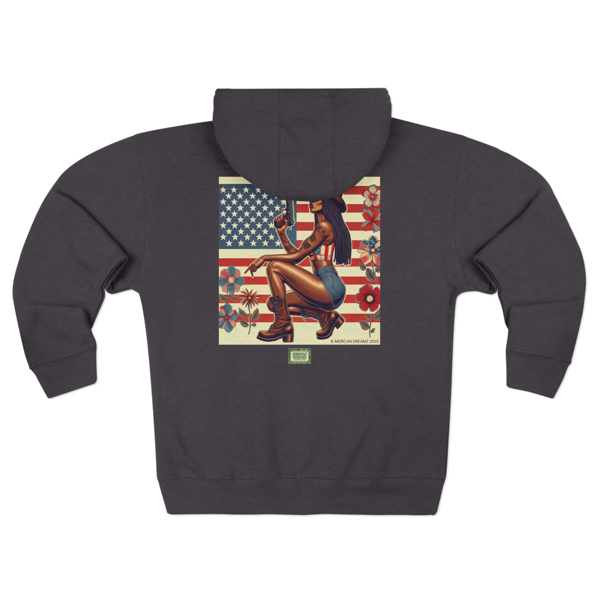 Americana Pinup Cowgirl with 9mm Zip Hoodie — Retro Vintage Patriotic Graphic