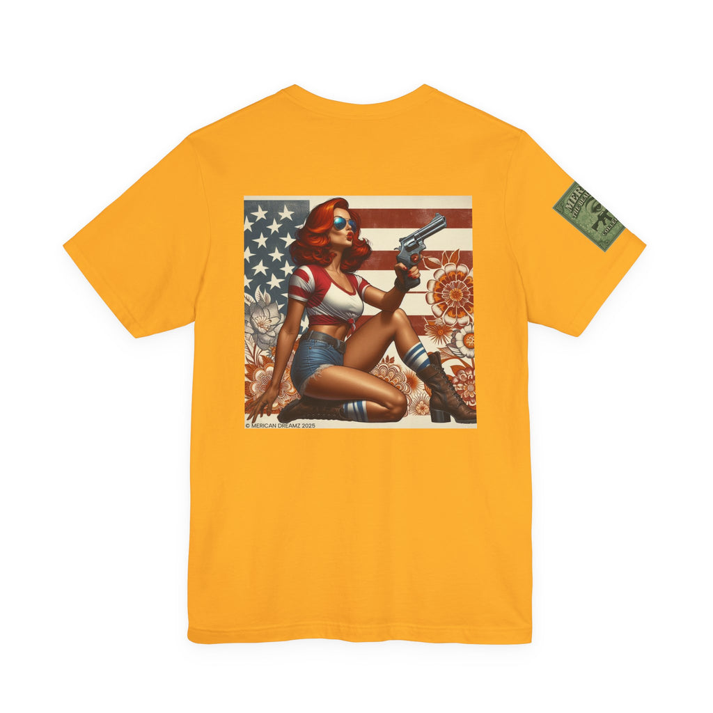 Graphic Short Sleeve Tee front and back — Retro Americana Pin-Up Cowgirls with .44 Magnum Revolvers