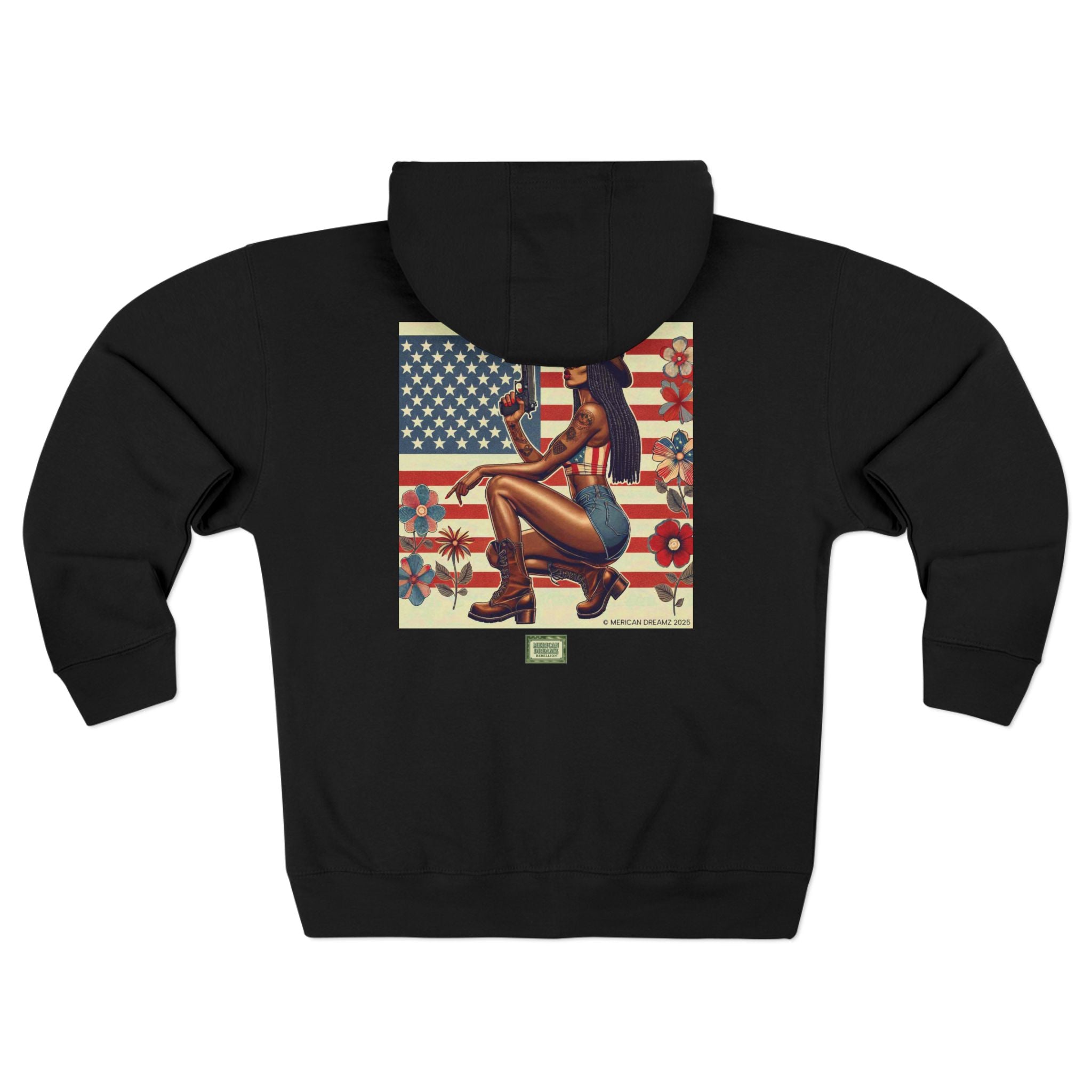 Americana Pinup Cowgirl with 9mm Zip Hoodie — Retro Vintage Patriotic Graphic