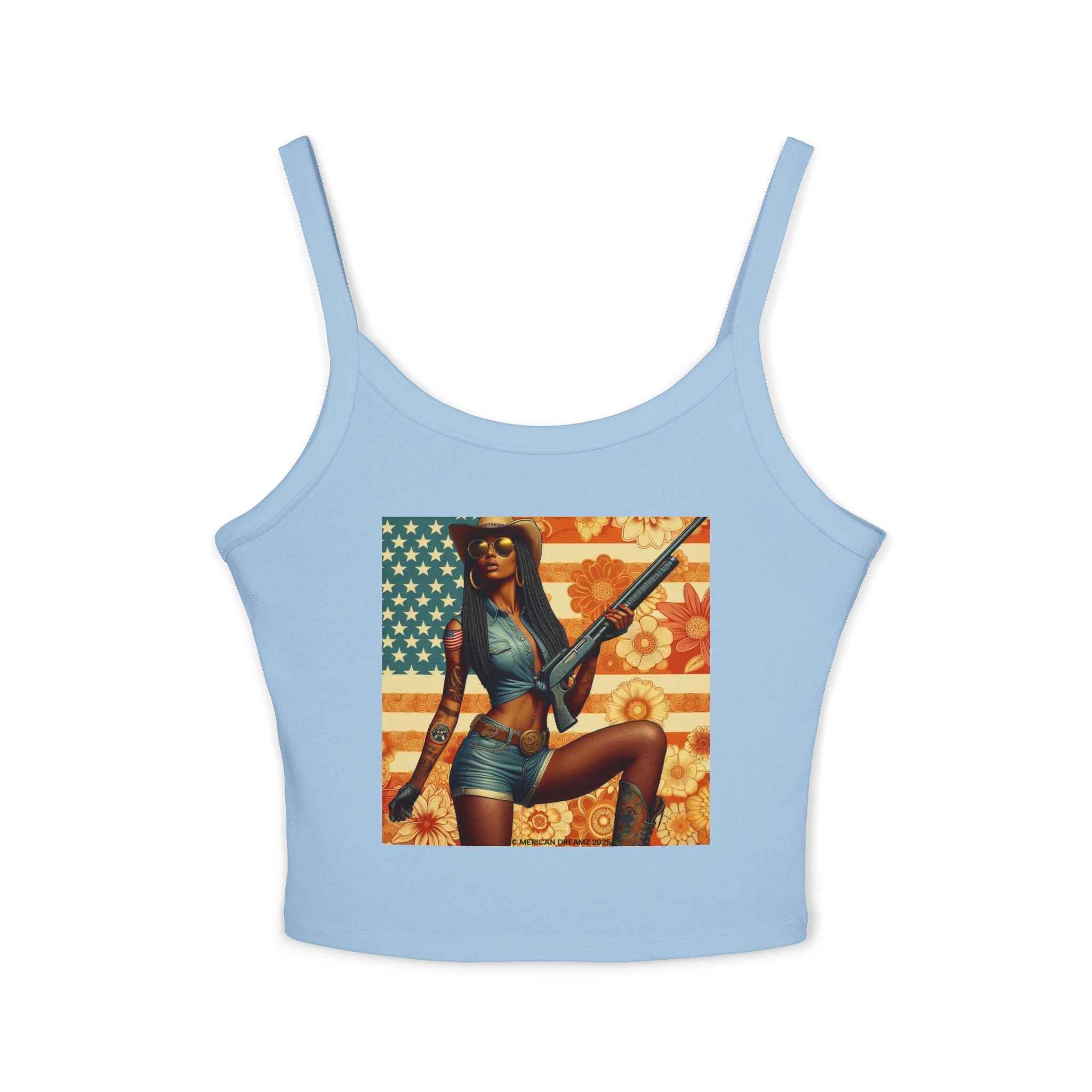 Retro Pinup Girl Tank Top — Vintage Flag & Floral Spaghetti Strap